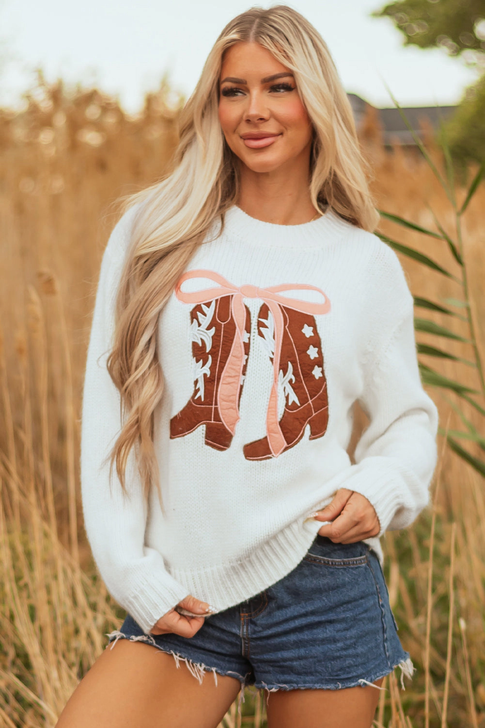 Threaded Pear Women's Amanda Embroidered Bow Boots Sweater