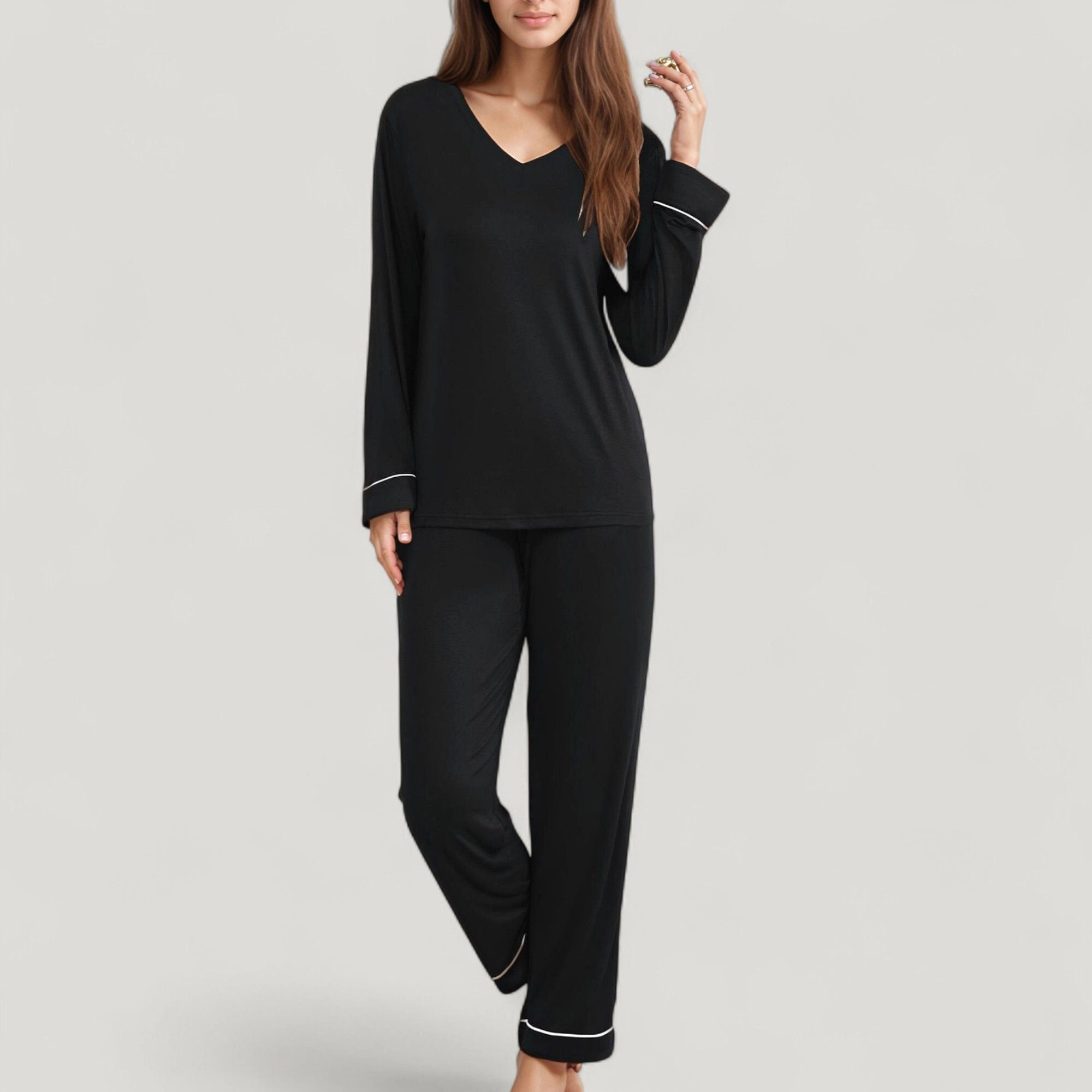 Anna-Kaci Women's Contrast Trim Long Sleeve V-Neck Pajama Top and Lounge Pants 2-Piece Sleepwear Set