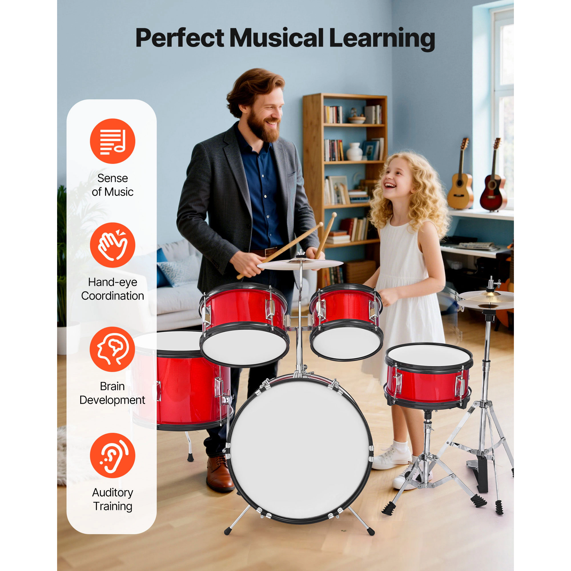 HONGGE Kids Drum Set Junior Drum Sets Beginner Drums Set with Adjustable Throne Cymbal & Two Pairs of Drumsticks