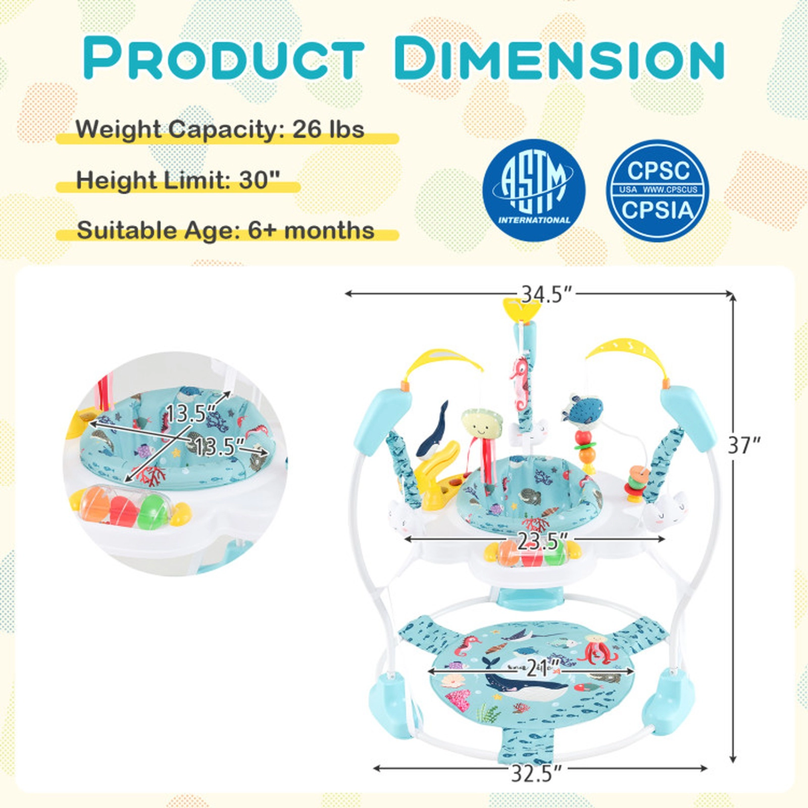 SUGIFT Height Baby Bouncing Saucer Activity Center with Interactive Toys 26-lb Capacity Ages 6+ Months Light Blue