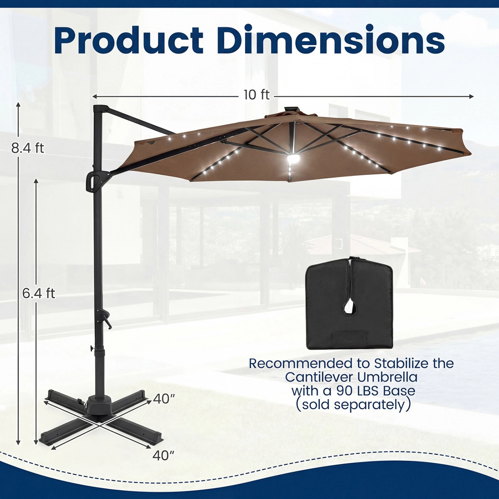 SUGIFT 10 ft Cantilever Patio Umbrella with 29 Solar LED Lights and 360 Degree Rotation