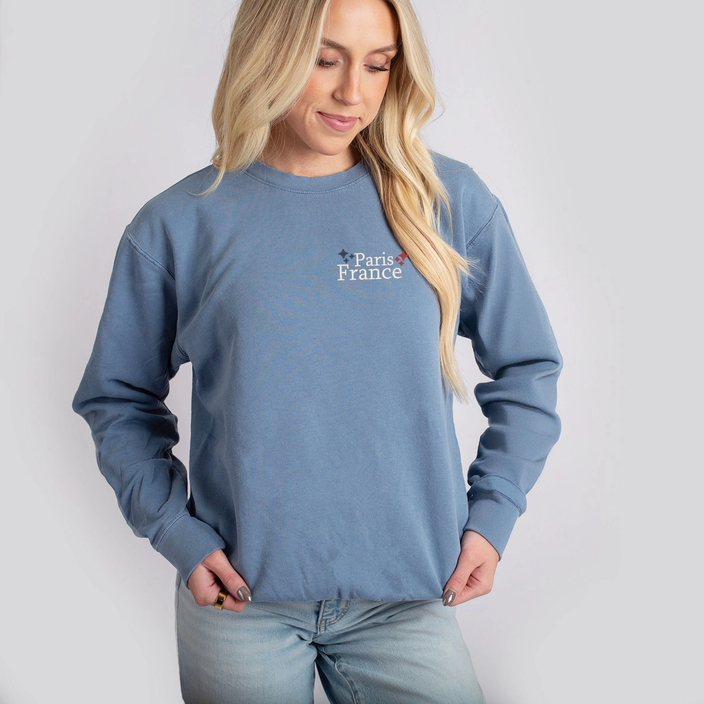 Simply Sage Market - Embroidered Paris France Stars Women's Lightweight Garment Dyed Sweatshirt
