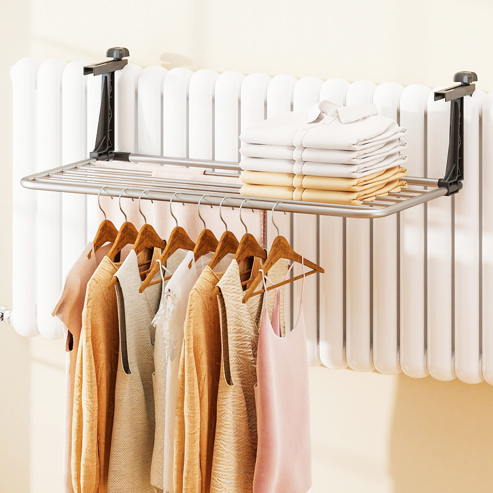 SUGIFT Portable Aluminum Clothes Drying Rack Towel Rack with Adjustable Foldable Brackets 31-in Wide Silver + Black