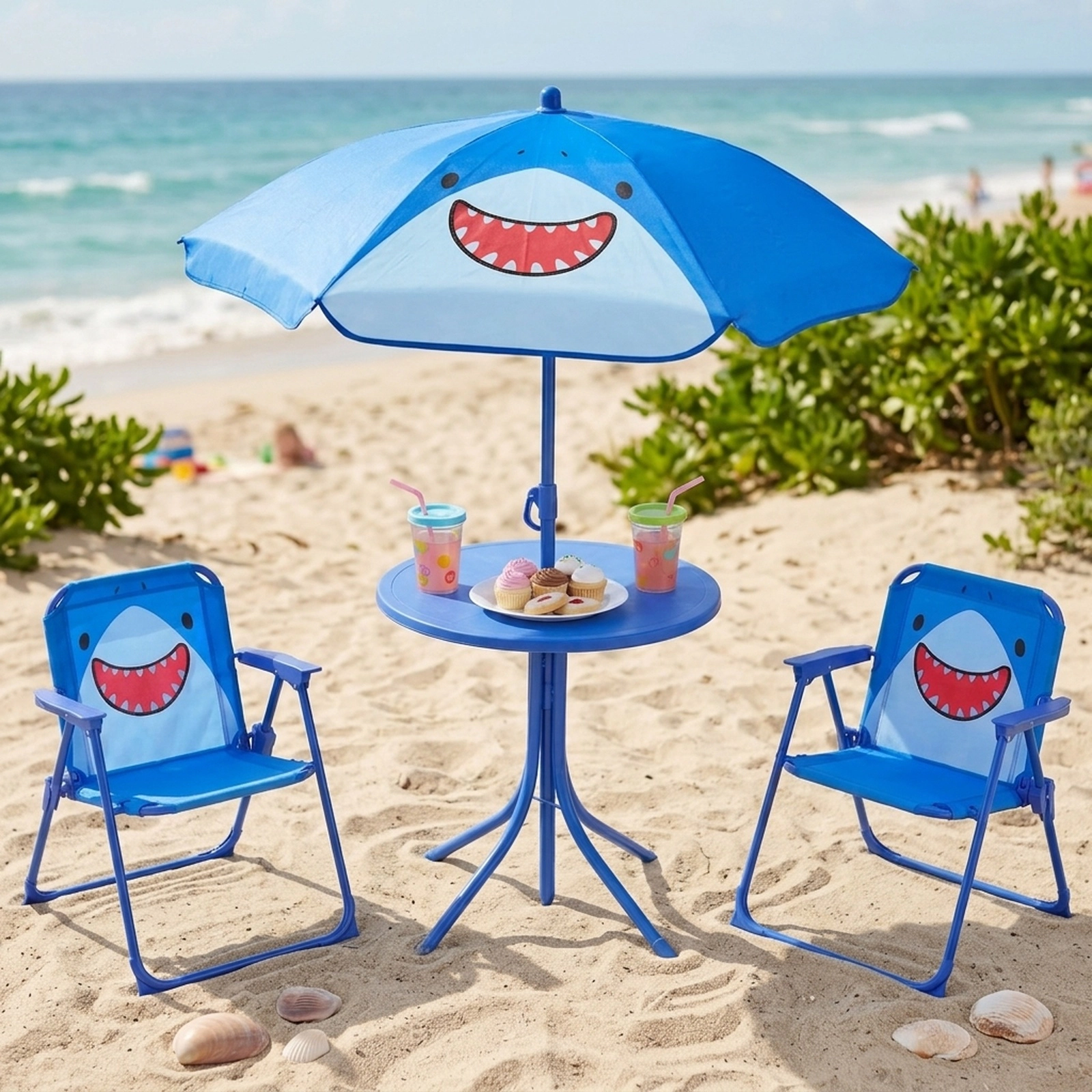 SUGIFT Kids Outdoor Table and Chair Set with Adjustable Umbrella, 2 Folding Chairs, Blue