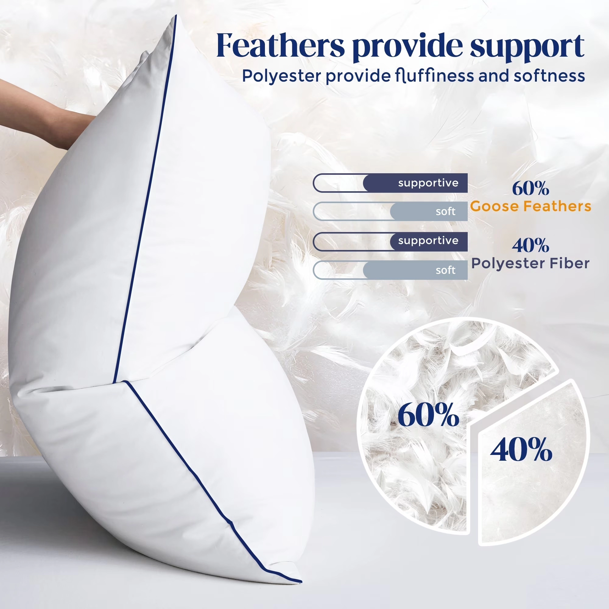 Unikome Set of 2 Goose Feather Pillows with Soft Cover, Medium Firm Bed Sleeping Pillows