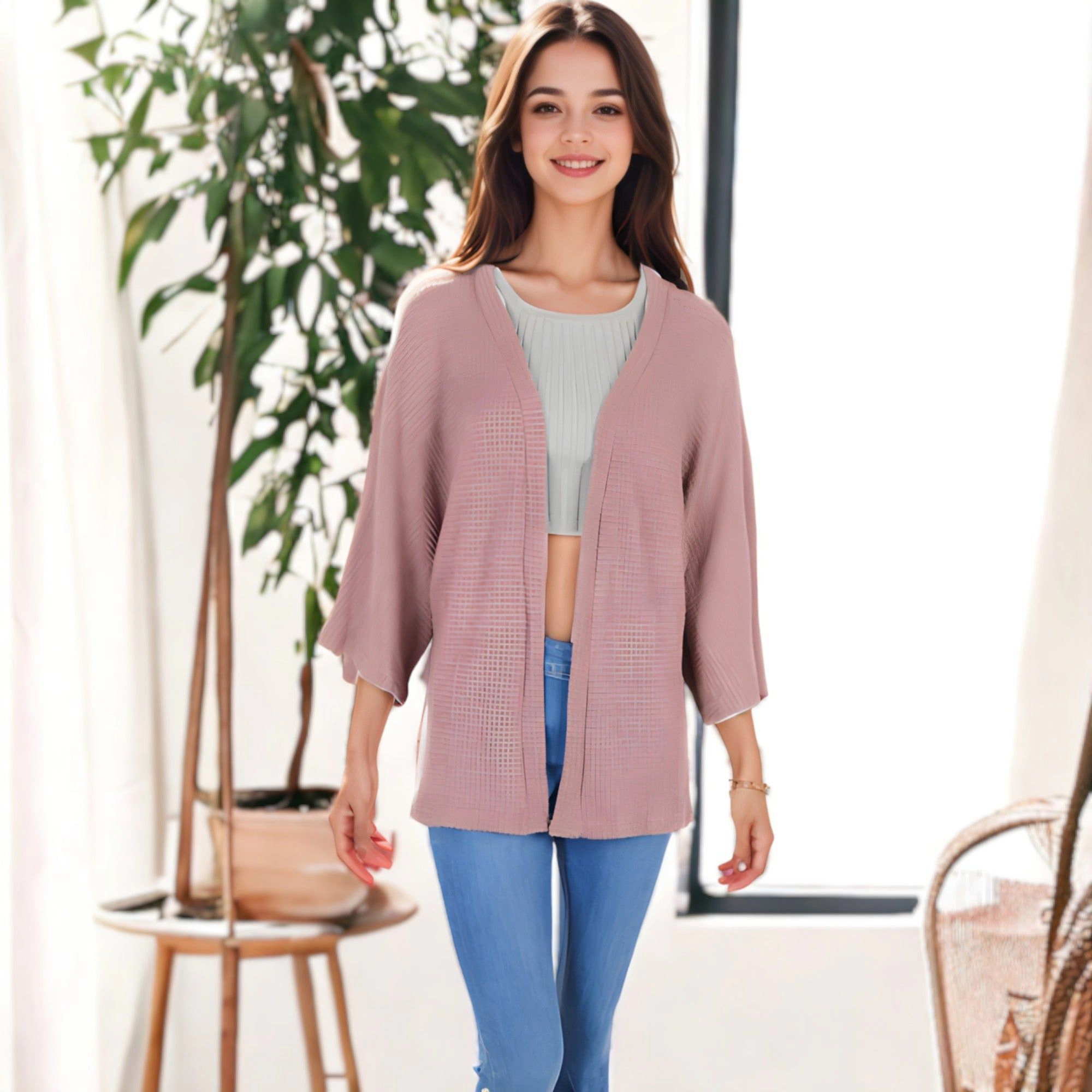 Anna-Kaci Women's Waffle Knit Lightweight Duster 3/4 Batwing Sleeve Cardigan