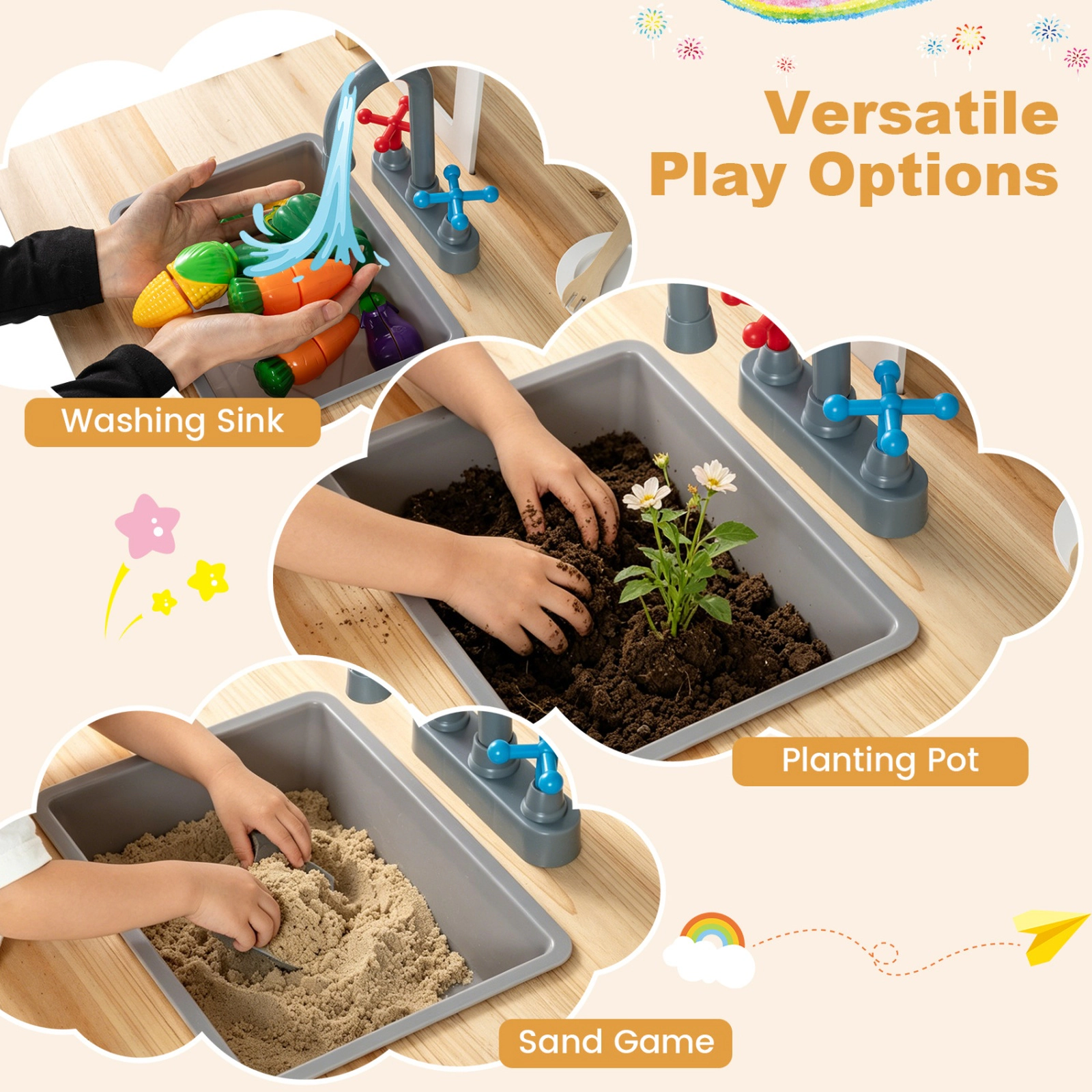 SUGIFT Natural Bench and Cooking Accessories Kids Wooden Pretend Play Mud Kitchen
