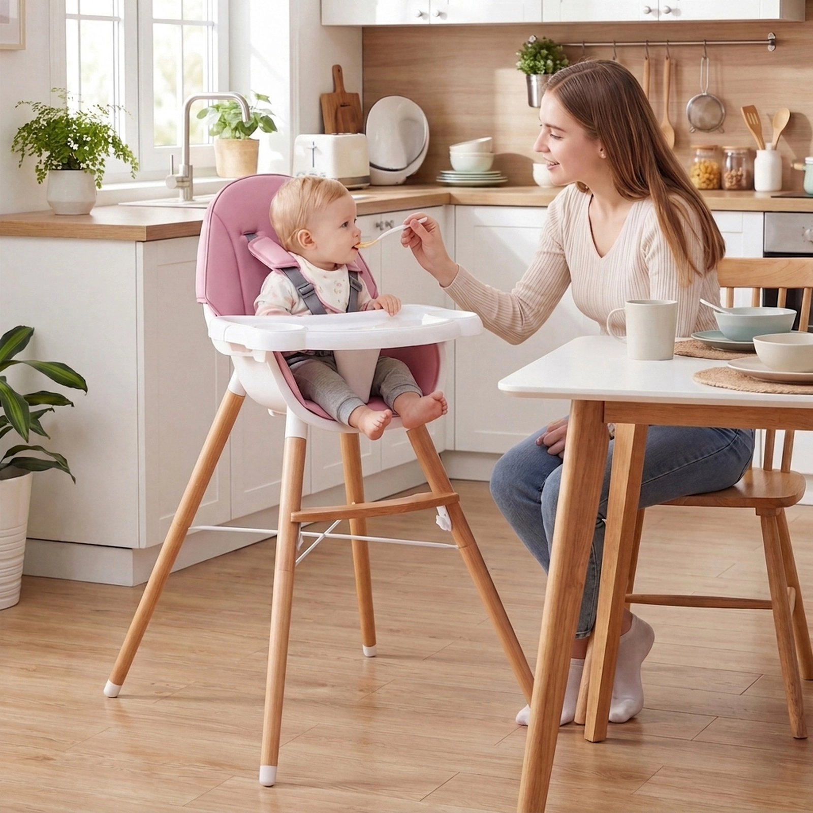 Baby High Chair 4-Level Dual Tray 2 Cup Holders Waterproof Cushion Solid Beech X-Frame for 6 Months to 3 Years