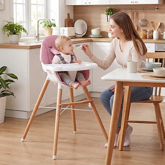 Baby High Chair 4-Level Dual Tray 2 Cup Holders Waterproof Cushion Solid Beech X-Frame for 6 Months to 3 Years