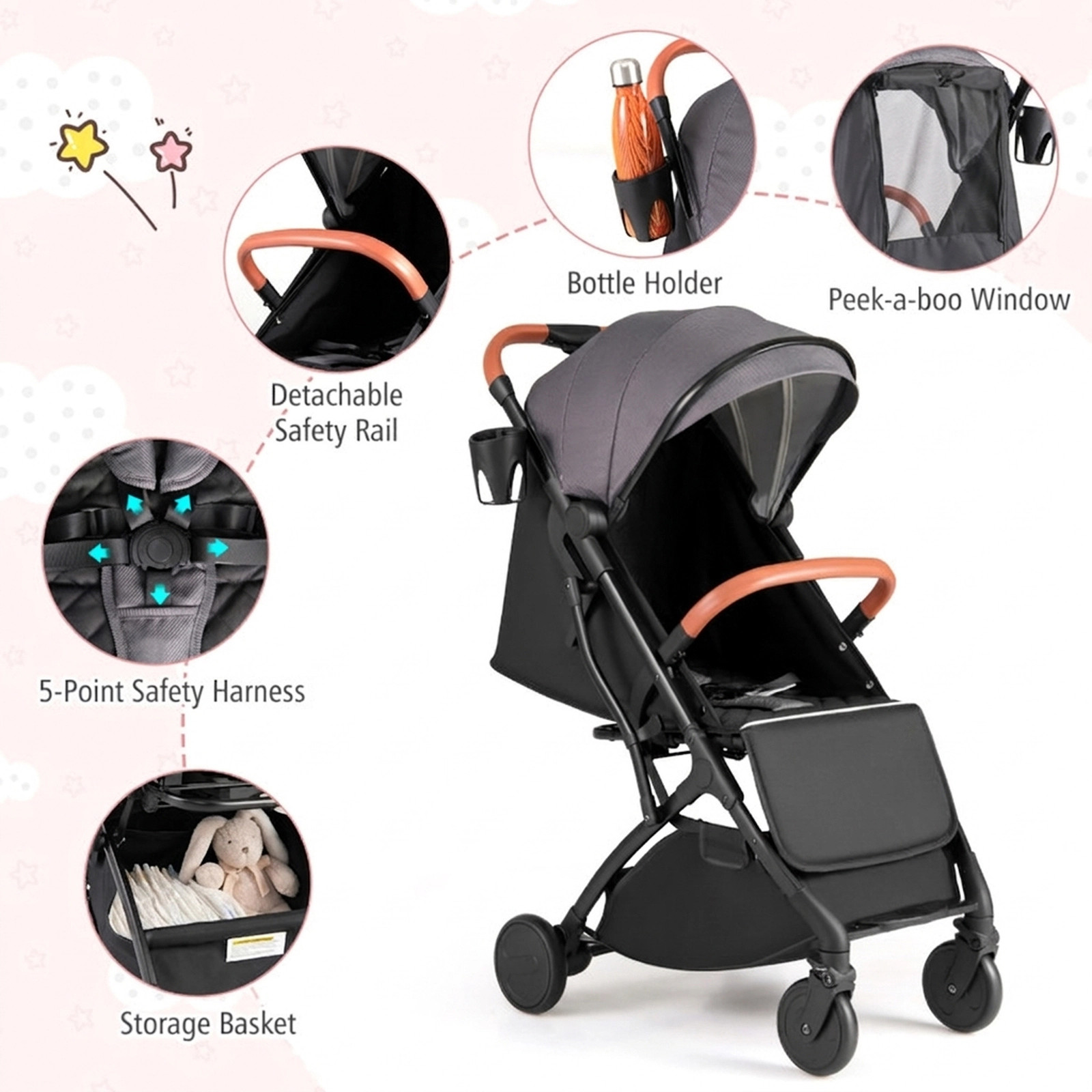 SUGIFT Gray 33-lb Capacity Lightweight Aluminum Compact Travel Stroller with One-Hand Fold and Footmuff