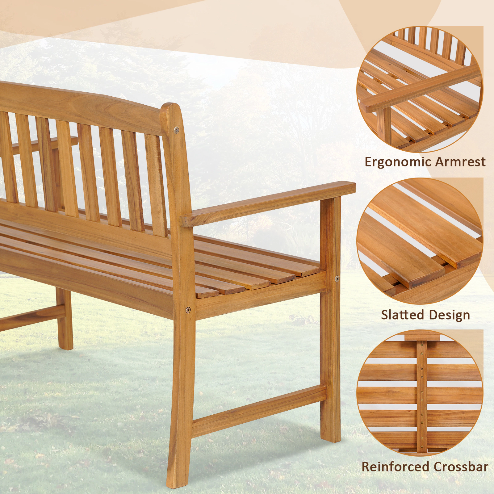 Hivvago 2-Person Patio Acacia Wood Bench With Backrest And Armrests