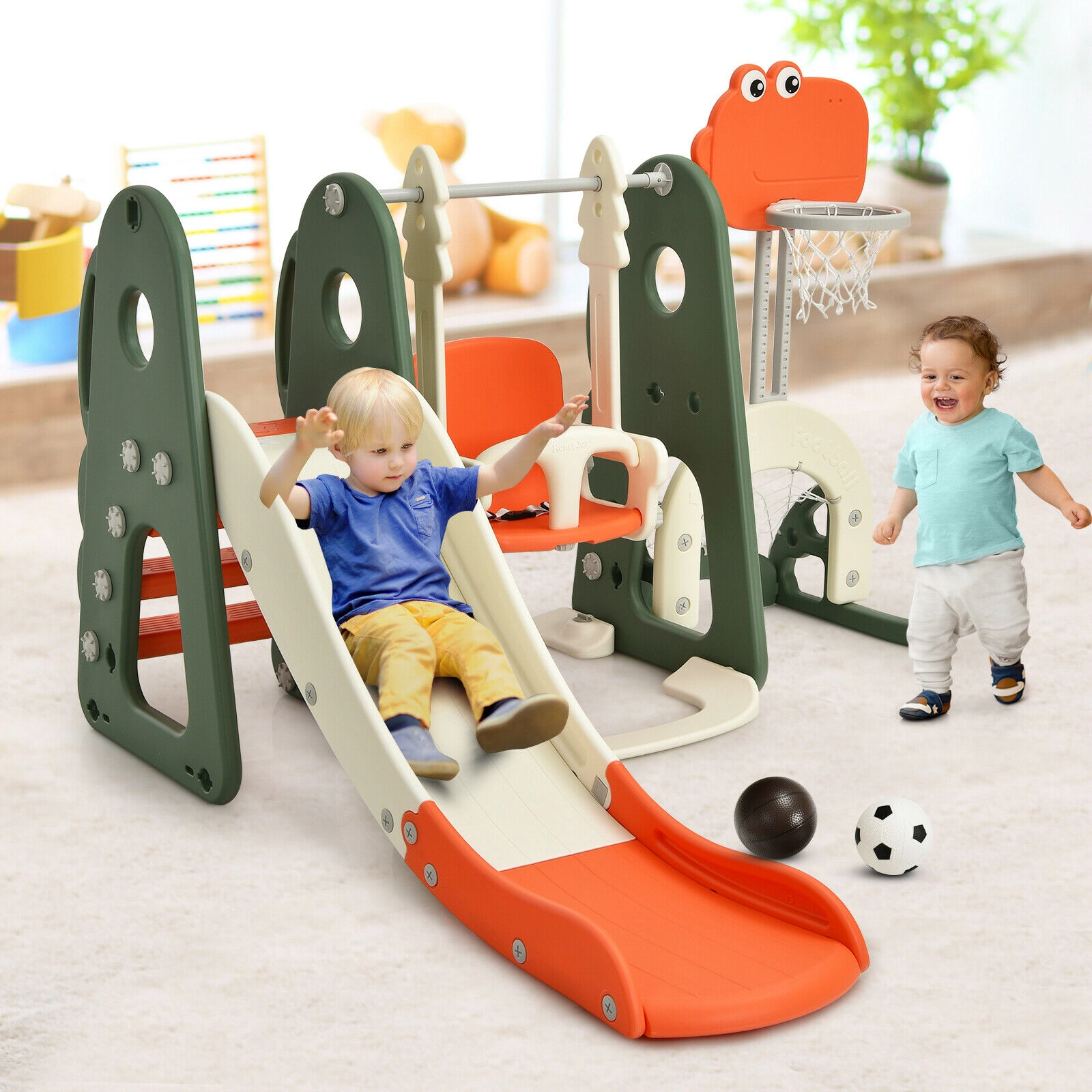 SUGIFT 6-in-1 44-lb Capacity Toddler Slide and Swing Set with Basketball Hoop Football Gate and Golf Hole