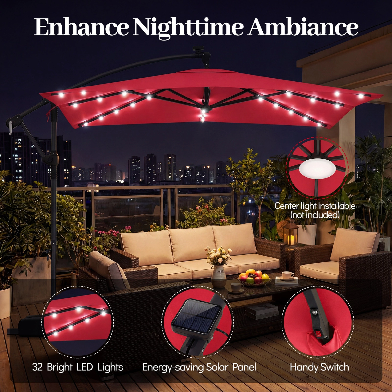 SUGIFT 8-ft Red Square Solar LED Offset Patio Umbrella with 360-Degree Rotation and Crank Lift for Deck