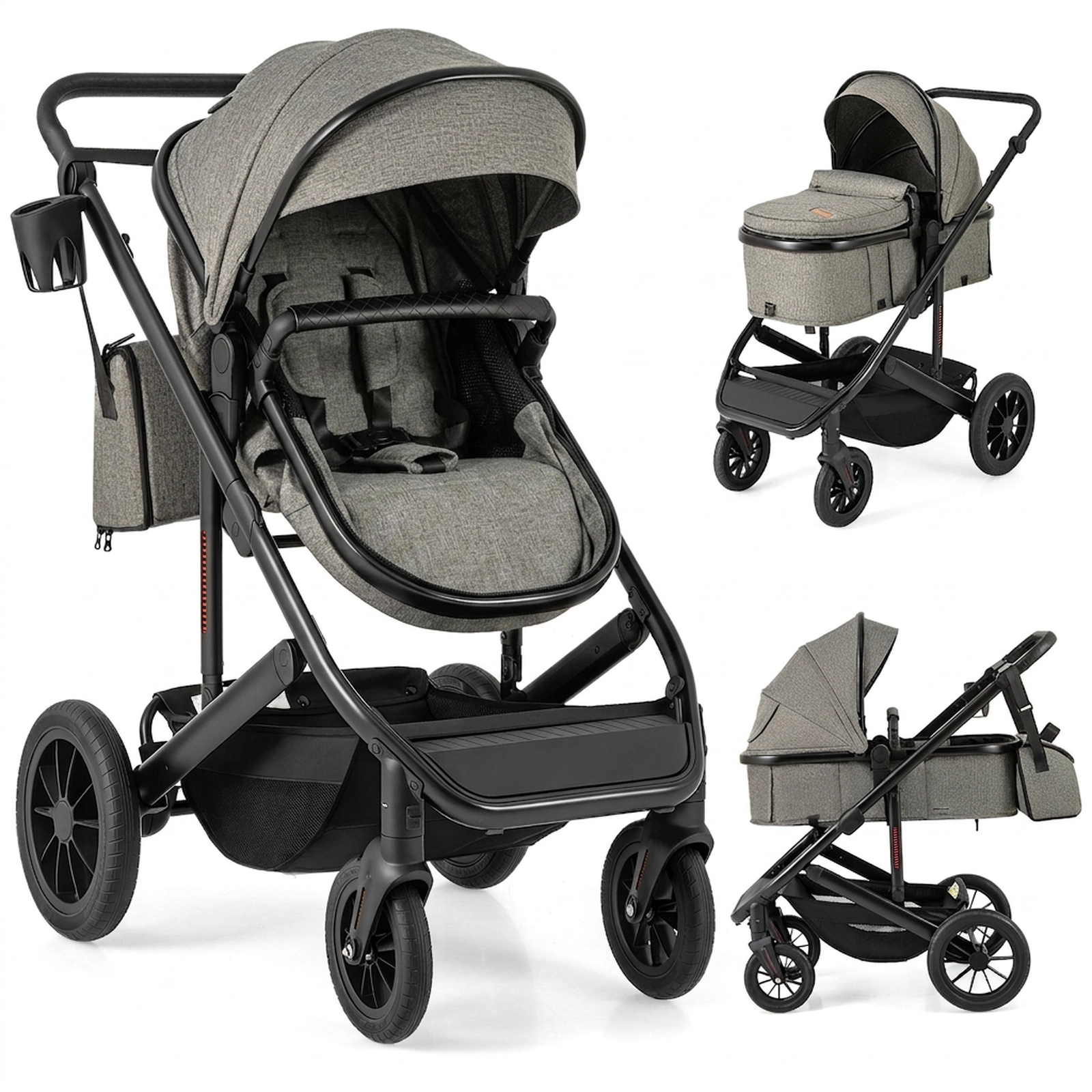 SUGIFT Baby Gray 3-in-1 Folding Stroller with Detachable Bassinet and Diaper Bag 38-in W 48-lb Seat Capacity