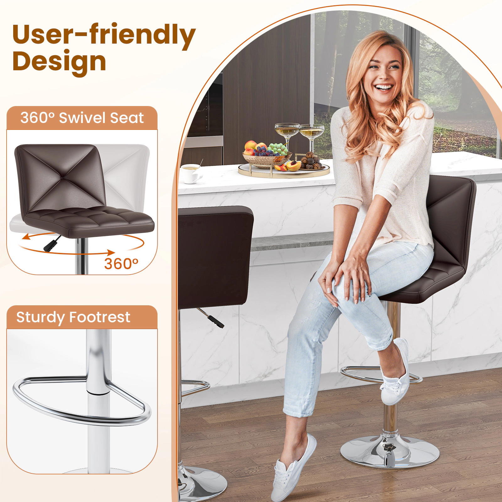 Glintex 2-Piece Adjustable Swivel Bar Stool Set with PU Leather Back and Seat
