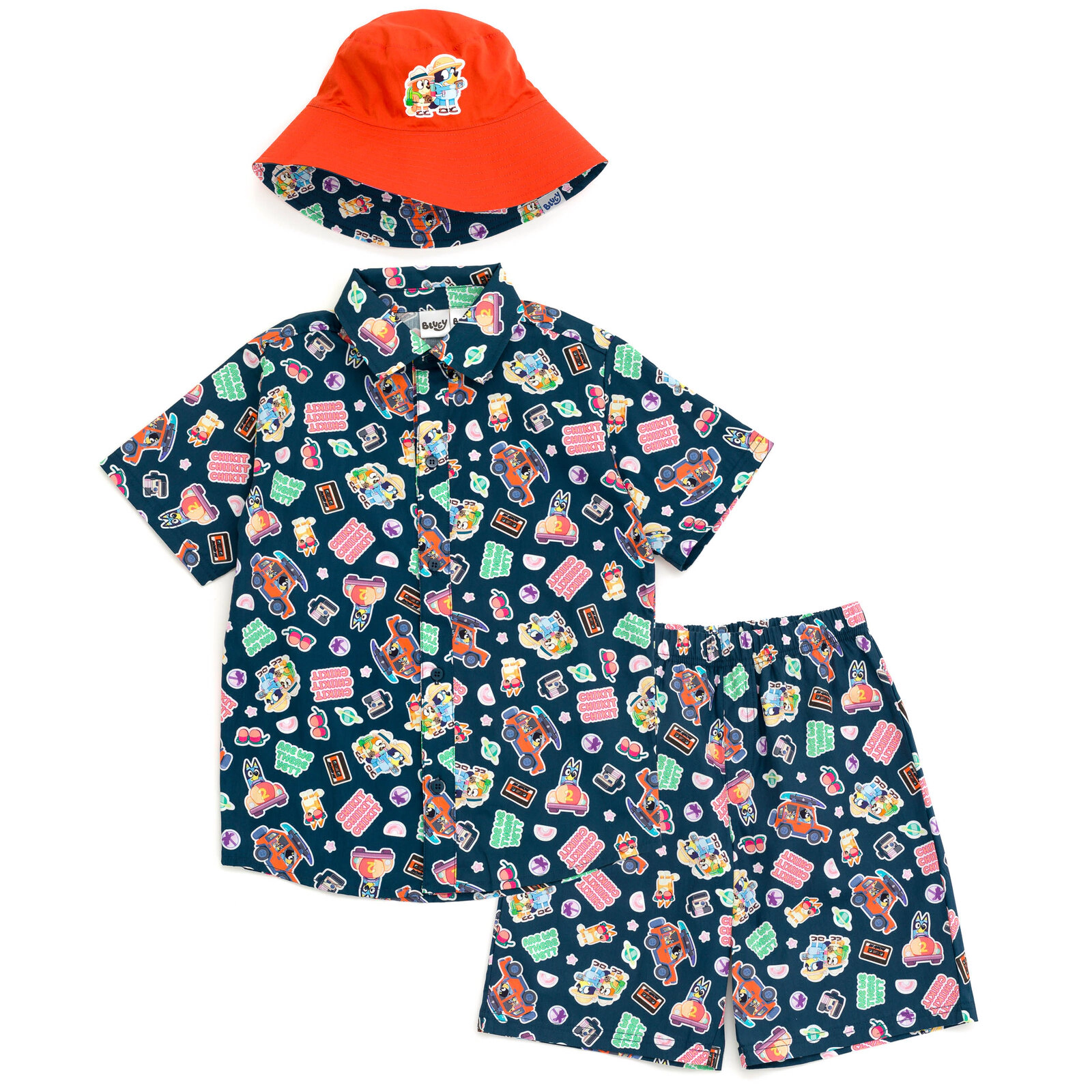 Bluey Boys' Button-Down Shirt and Shorts Set with Hat
