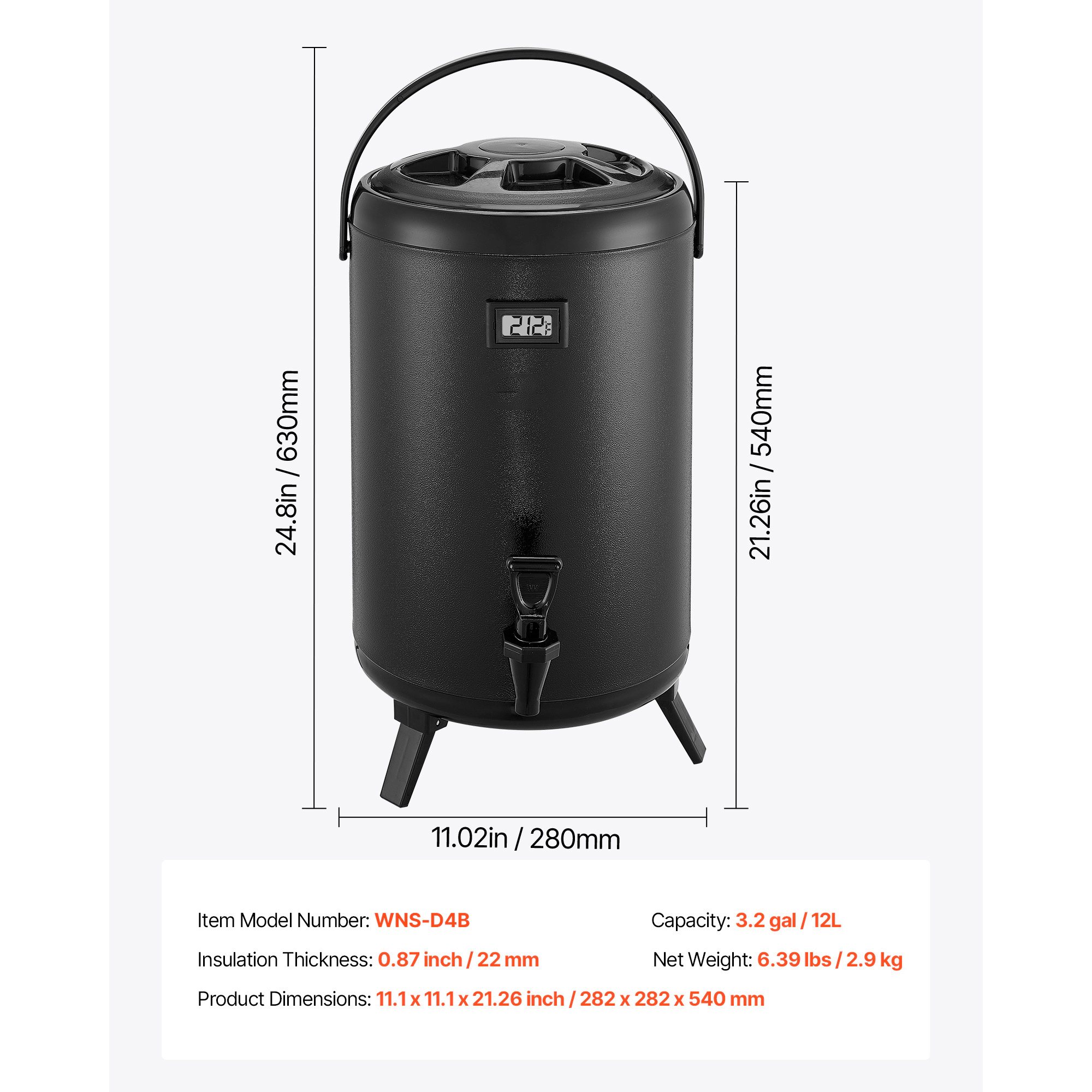 HONGGE Insulated Beverage Dispenser / Stainless Steel Thermal Drink Server with Spigot & Temp Display Suitable for Hot