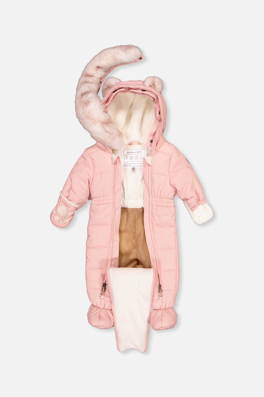 Deux par Girls Quilted One Piece Snowsuit for Car Seats with Bear-Ear Hood