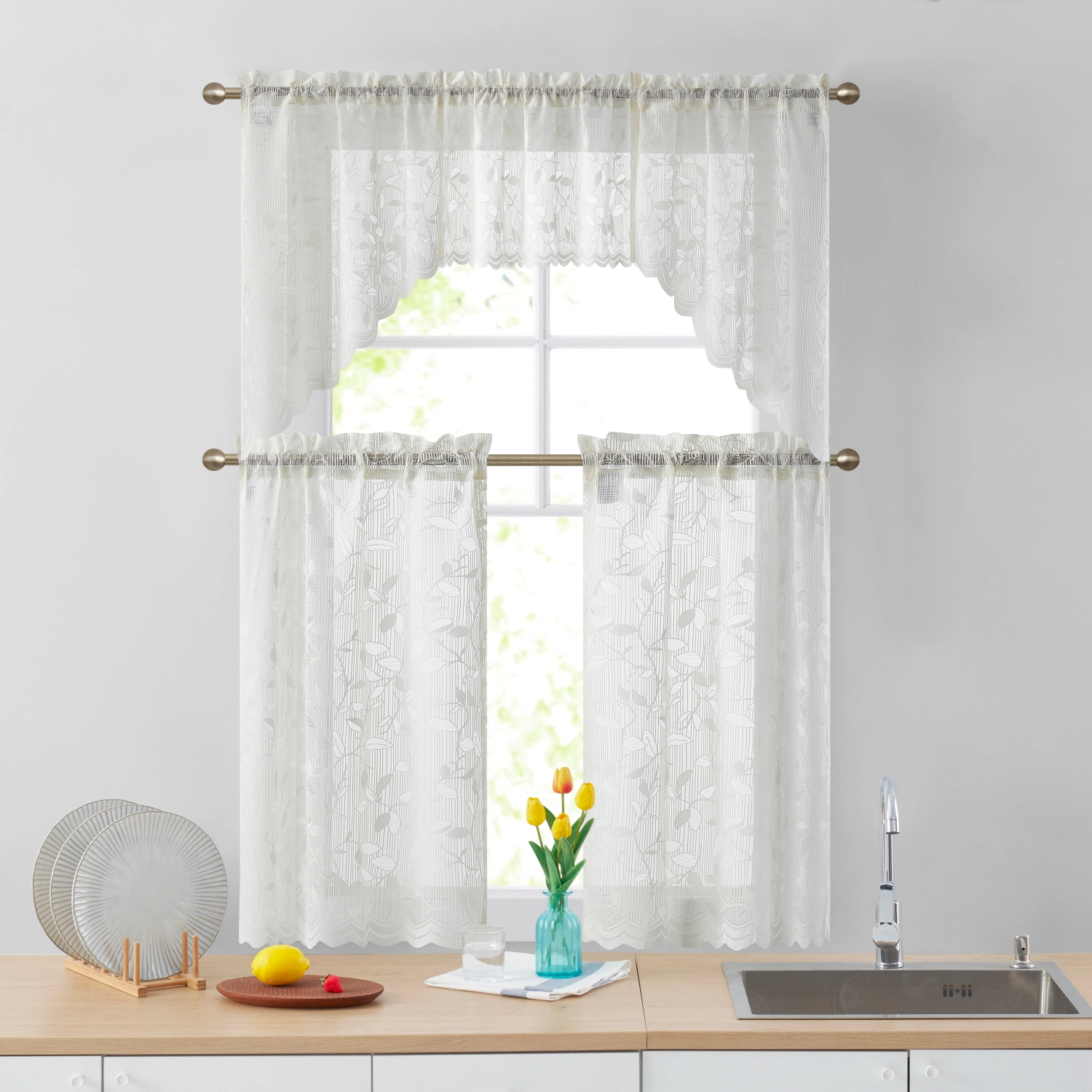 HLC.ME Joyce Semi Sheer Kitchen Swag Curtain Panels - Rod Pocket for Small Windows, & Bathroom Set of 2