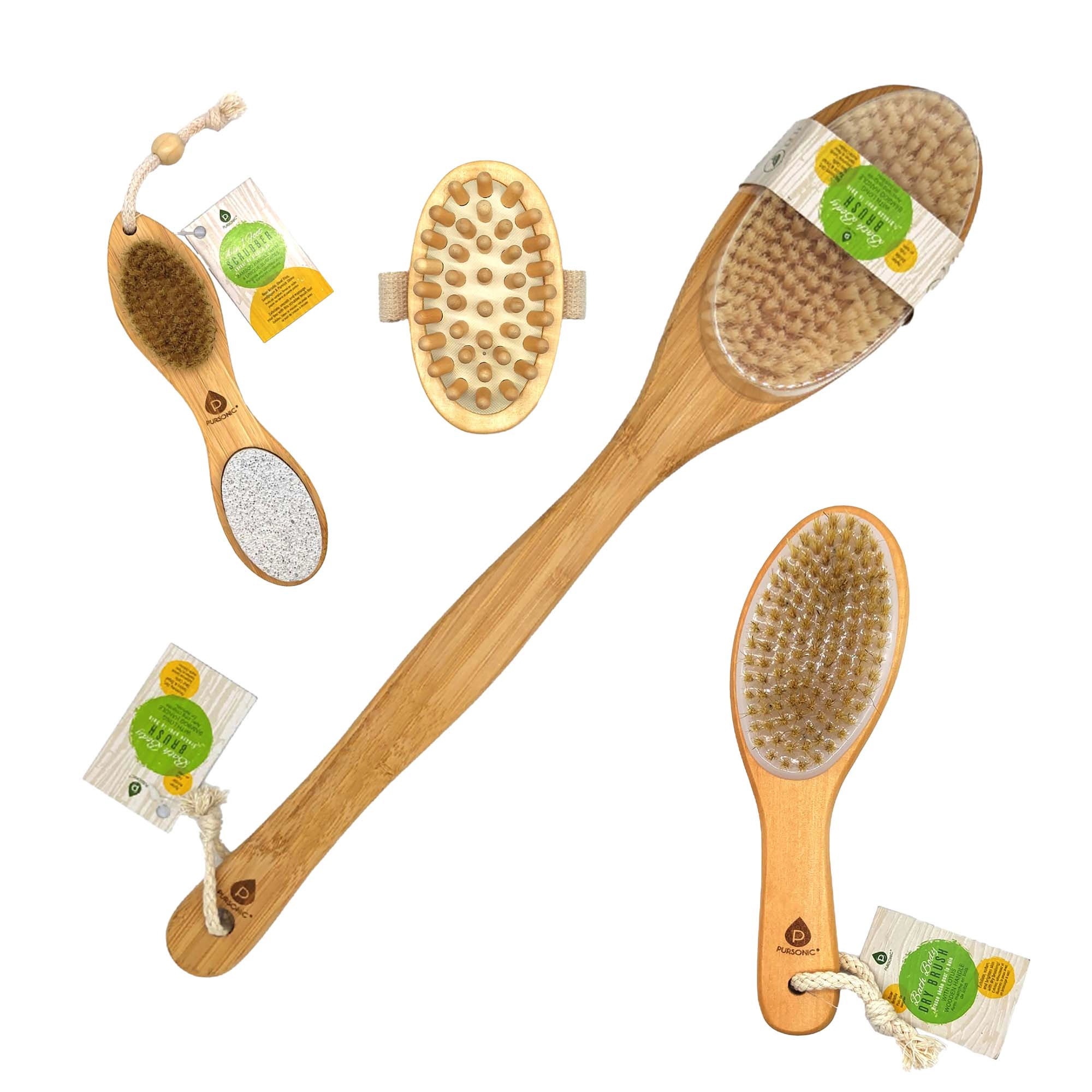 Pursonic Unisex Exfoliating Bath & Body Care Brush Set with Foot Scrubber, Body Brushes & Wooden Massager