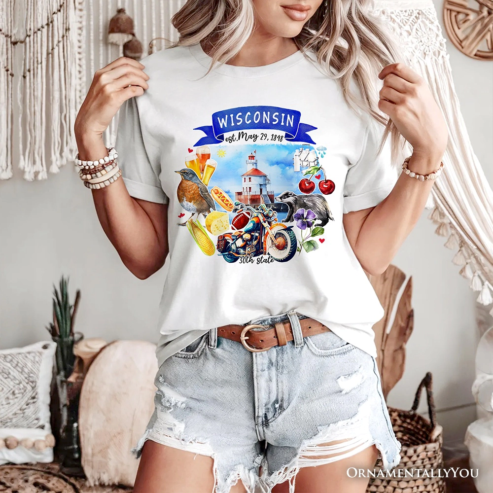 OrnamentallyYou Unisex Artistic Wisconsin State Themes And Landmarks T-Shirt