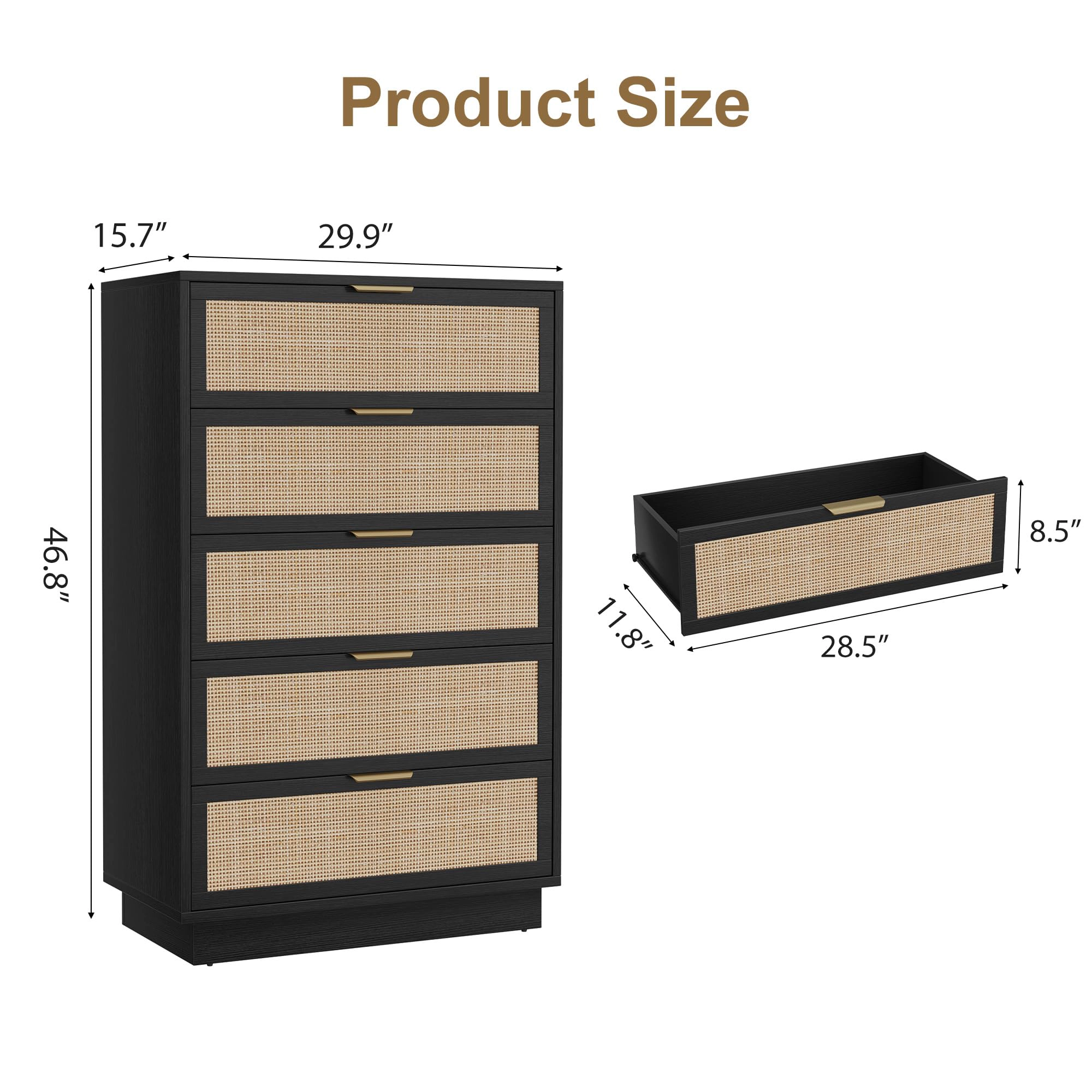 5 Drawer Rattan Dresser with Integrated Legs, Natural Wooden Storage Chest for Bedroom Entryway Closet
