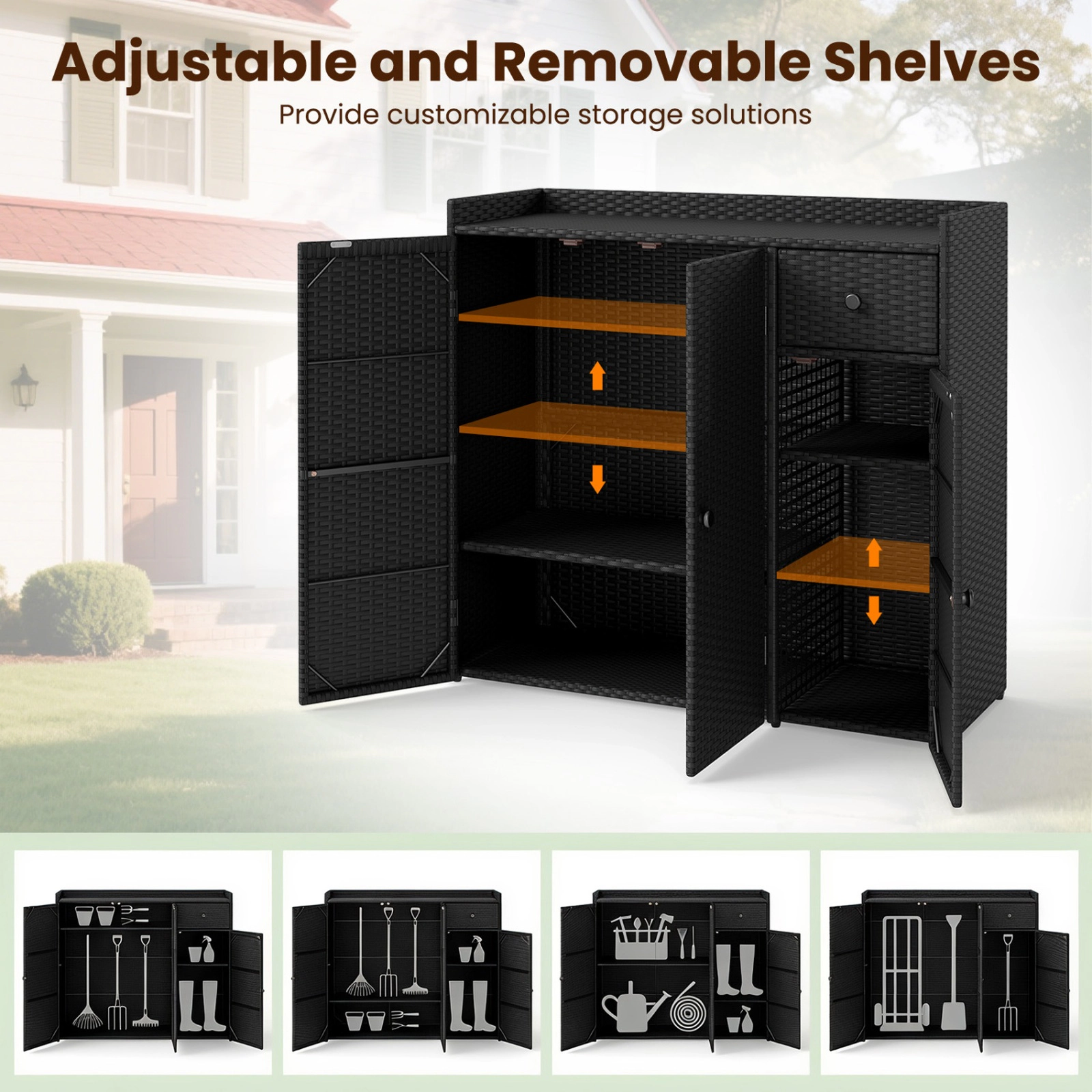 SUGIFT 3-Door Adjustable Shelves Drawer PE Wicker Outdoor Storage Cabinet 39-in x 15-in x 37-in 110-lb Countertop Black