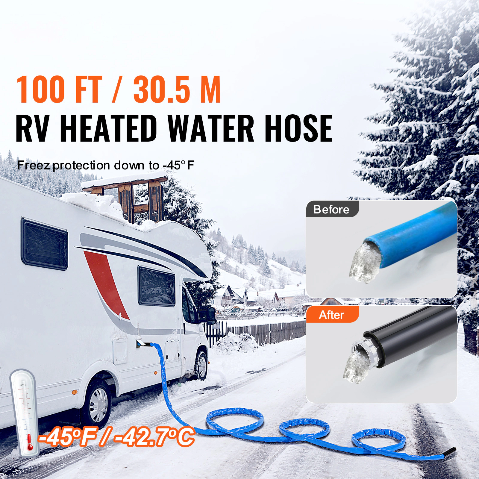 HONGGE 100ft Heated RV Water Hose with Corrugated Cover, Freeze-Proof to -45°F, 5/8" ID, Lead & BPA Free