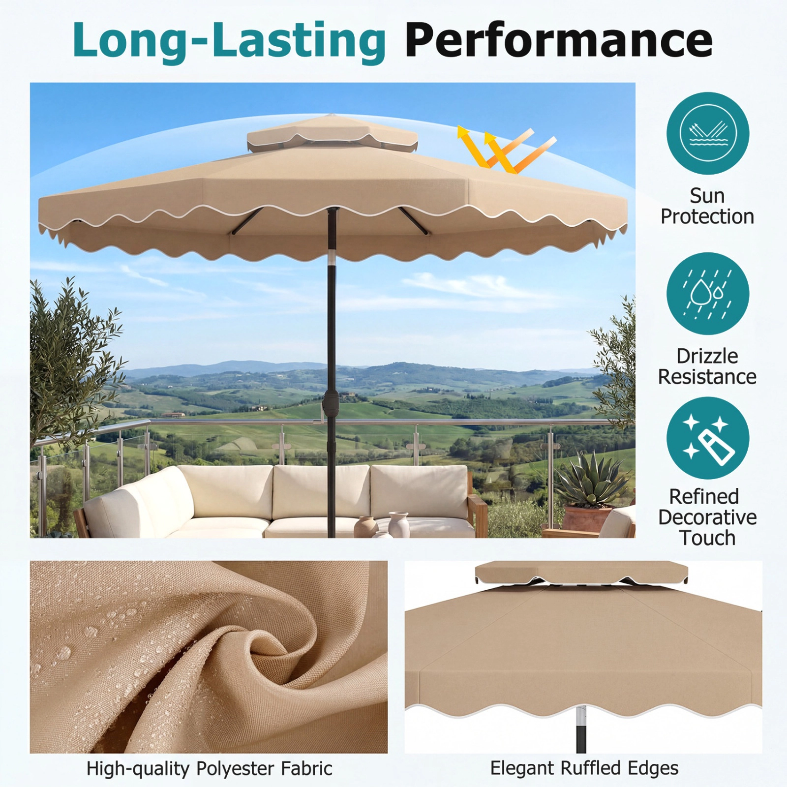 SUGIFT 10-ft Coffee Market Patio Umbrella, Scalloped Double-Vented Canopy, Crank Lift, Push-Button Tilt