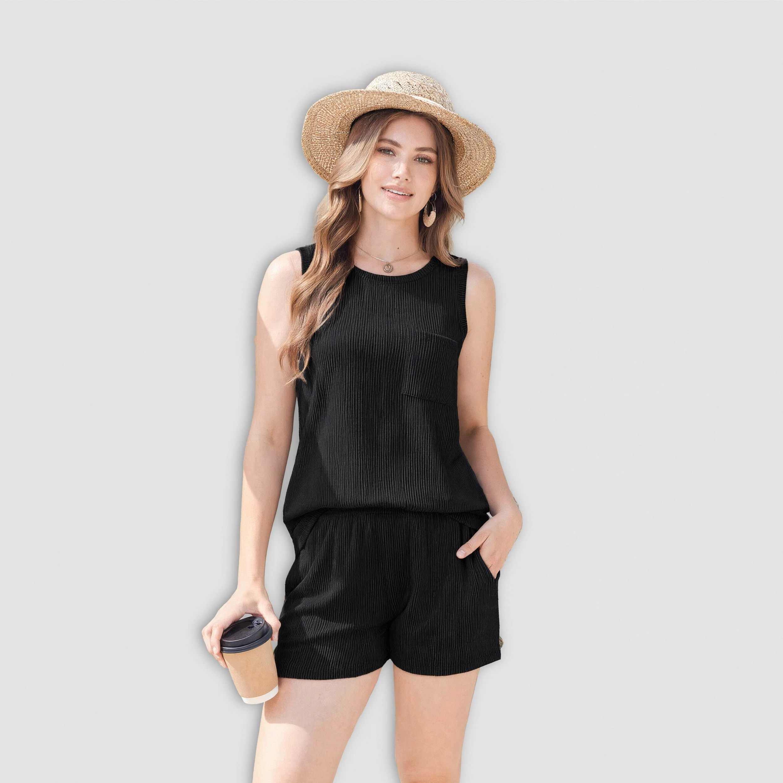 Ekouaer Two Piece Set Sleeveless Tank & Shorts Pajama with Pockets