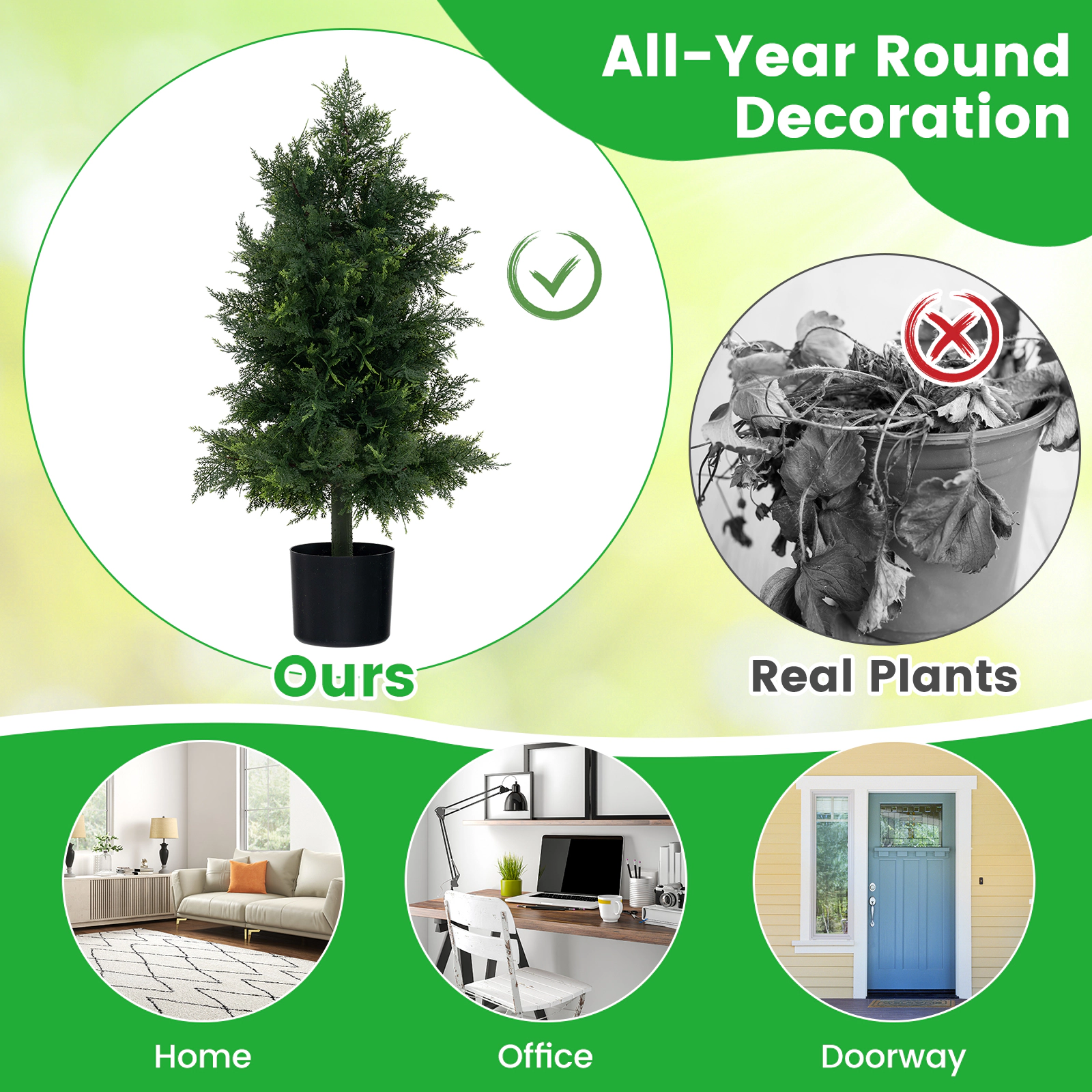 SUGIFT Realistic Cedar Foliage Artificial Topiary Tree with Plastic Nursery Pot 31.5-in Tall 1-Piece Green & Black