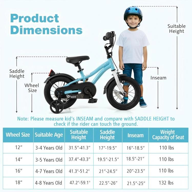 SUGIFT Adjustable 12-Inch Kids Bicycle with Training Wheels 110-lb Seat Capacity Ages 3-4 Years Blue