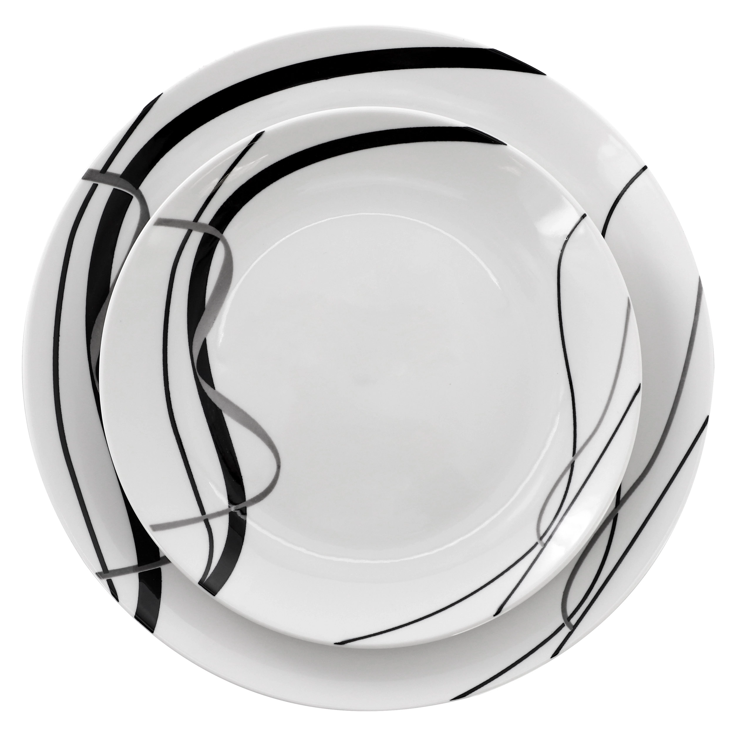 Elama Sarah 24 Piece Porcelain Black Ribbon Double Bowl Dinnerware Set, Service for 6 in White and Black