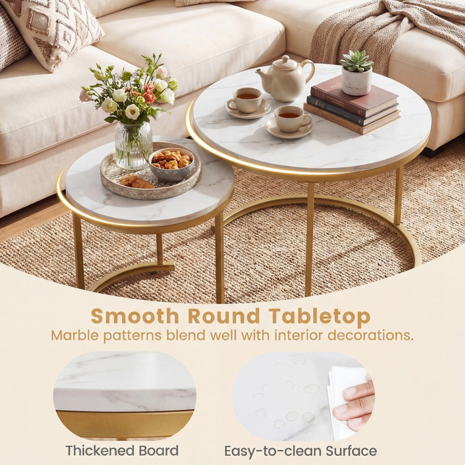 SUGIFT Set of 2 Modern Round Stacking Nesting Coffee Tables with MDF Tops and Steel Frames Rustic Brown