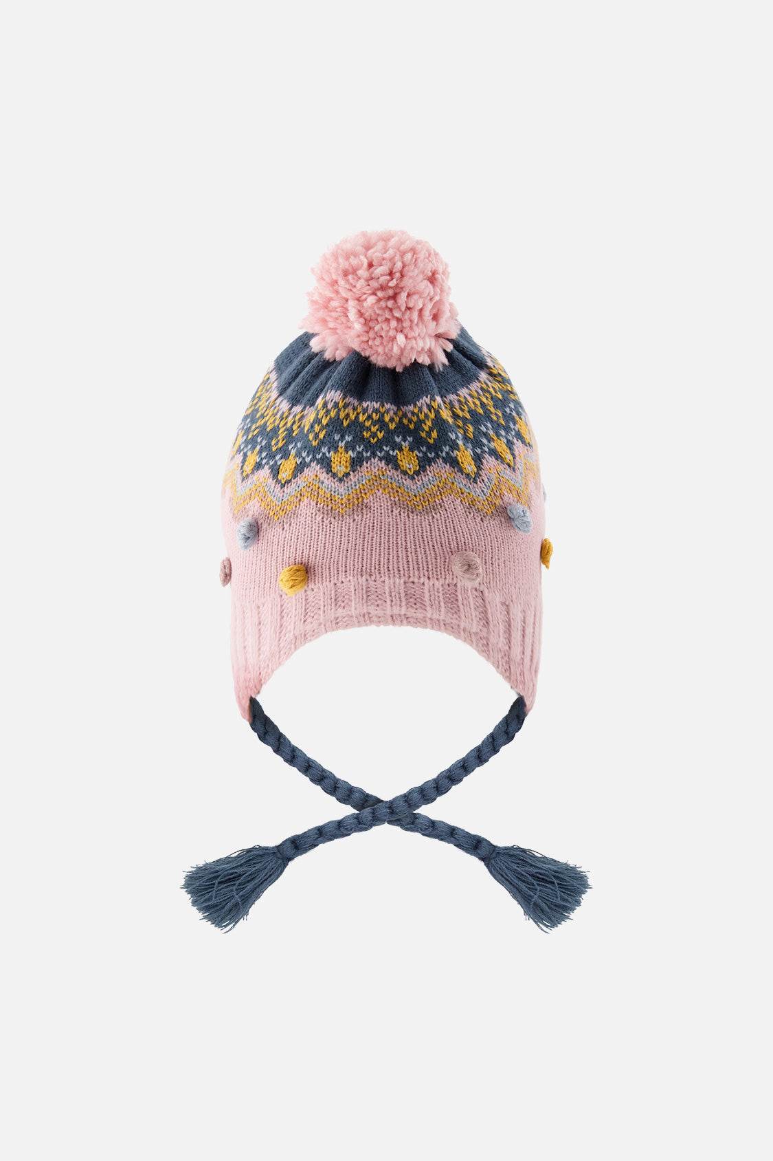 Deux par Girls Geometric Jacquard Winter Peruvian Knit Hat with Pompom