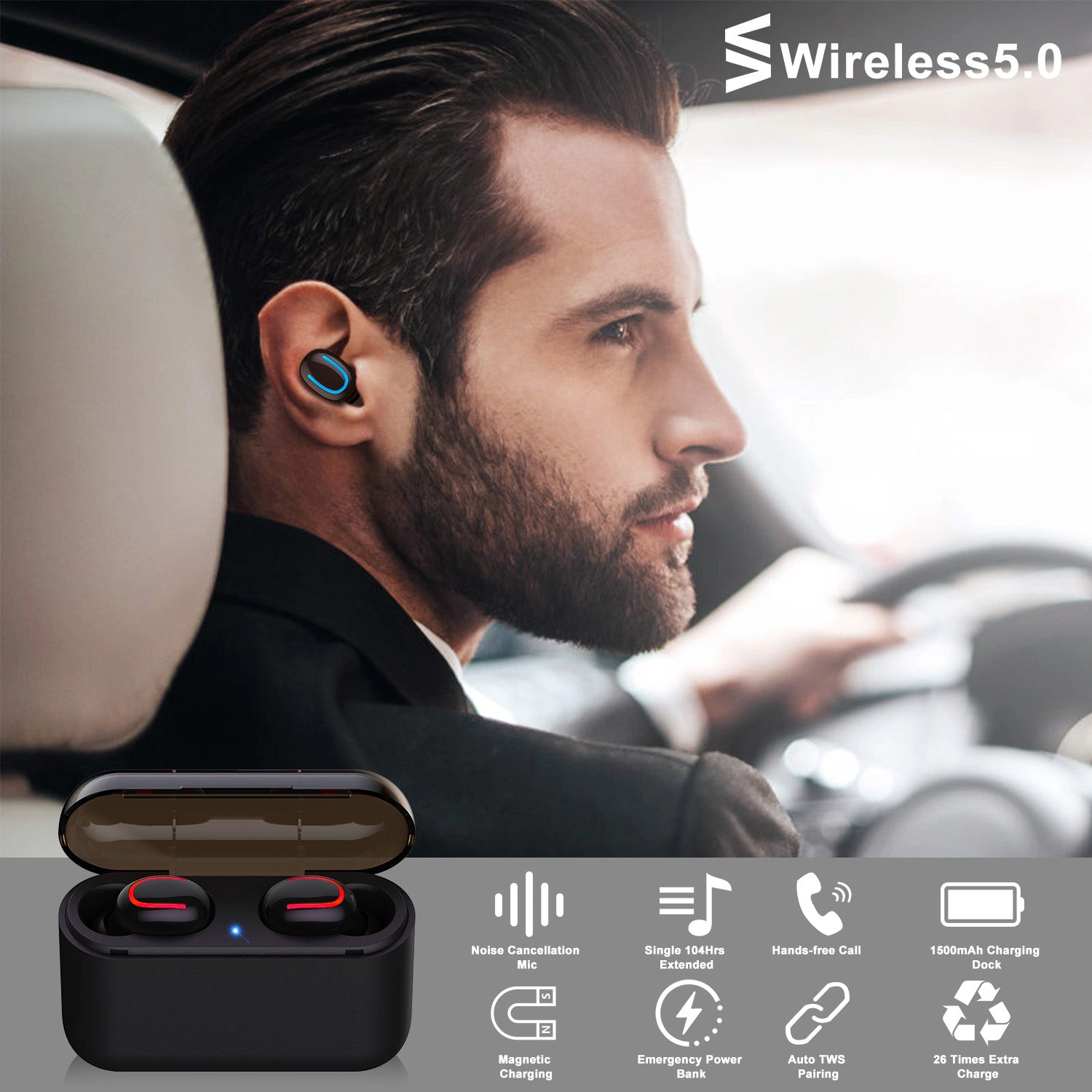GBruno Wireless 5.0 Earbuds With Charging Dock