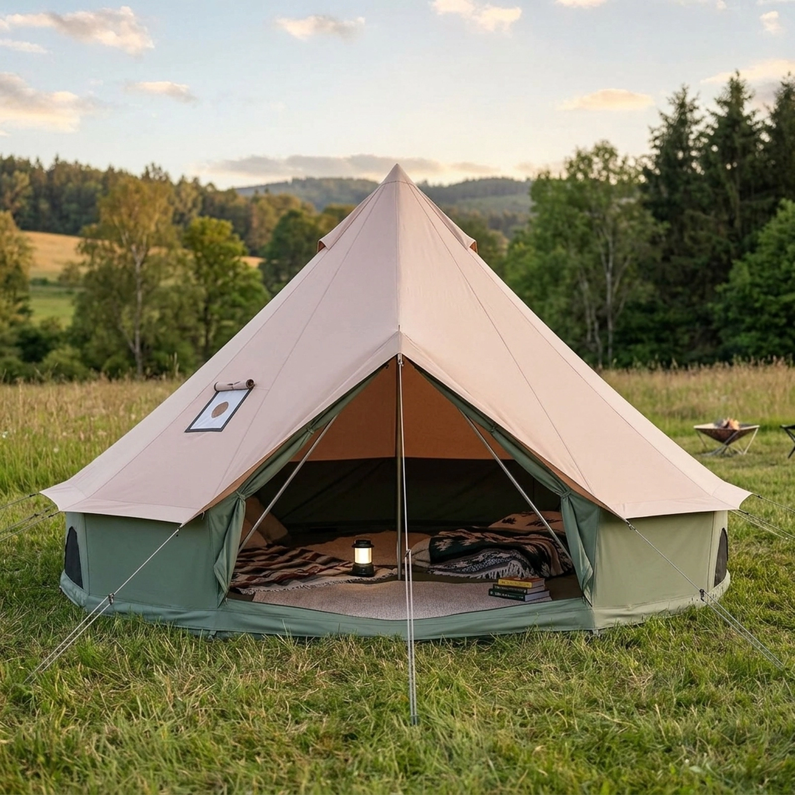 SUGIFT Waterproof Bell Tent with Stove Jack Mesh Windows and Doors Accommodates 2-8 People Khaki & Green