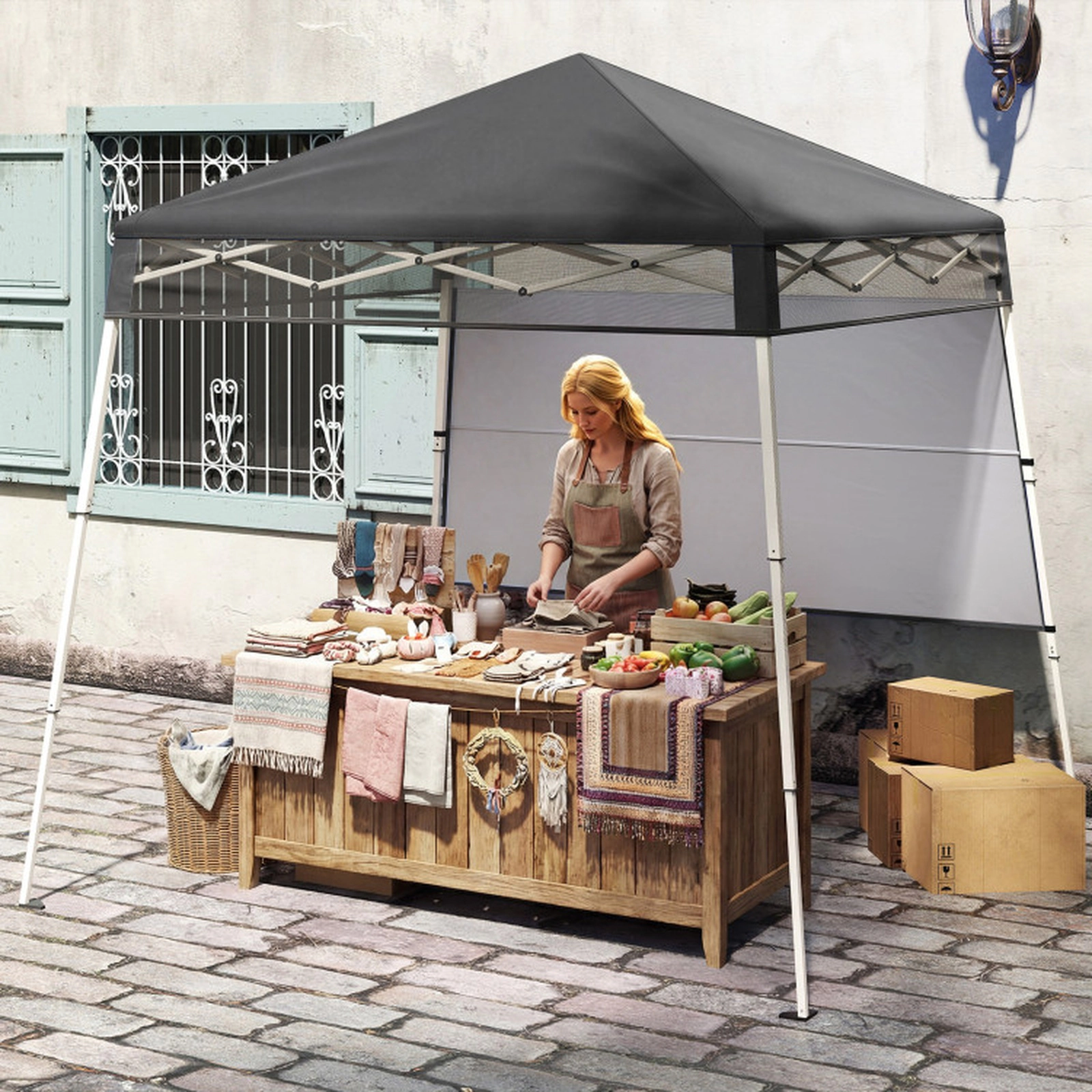SUGIFT Gray Instant Slant Leg Pop Up Canopy Tent with 1 Half Sidewall and Anchor Plates 7-ft W 7-ft D 7.4-ft H