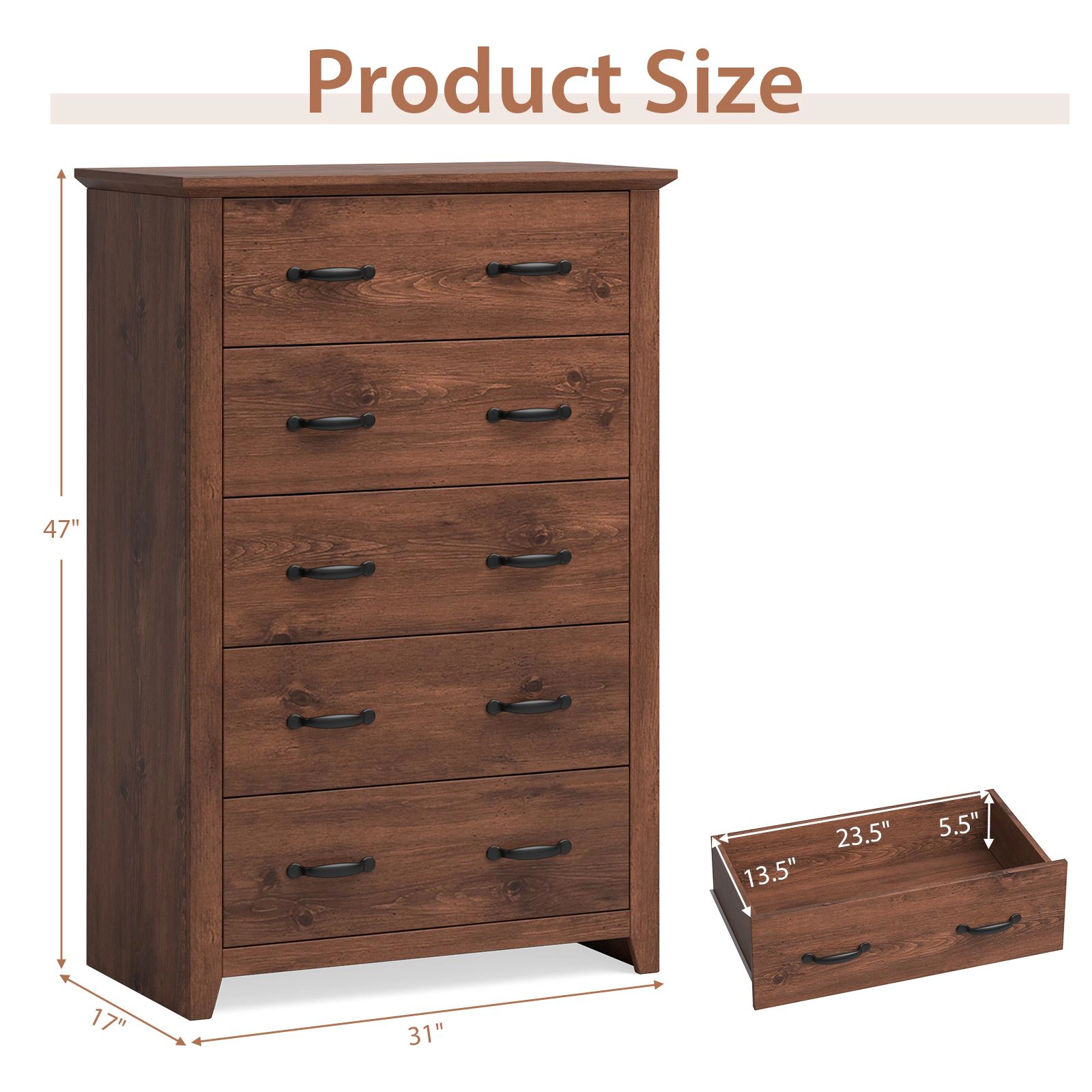 SlickBlue 5 Drawer Storage Dresser Cabinet with Wooden Grain Design