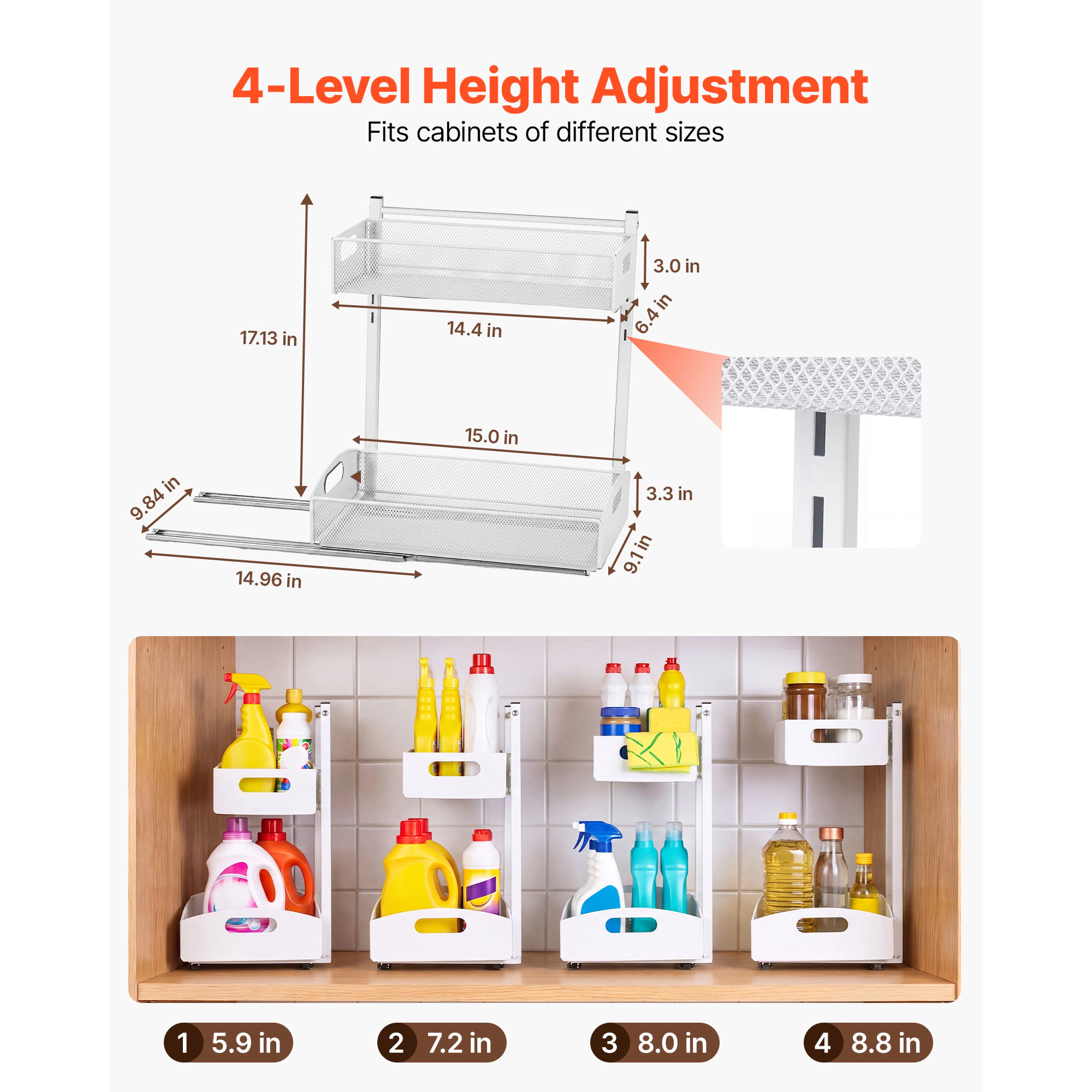 HONGGE Under Sink Organizer 2 Pack 2-Tier Pull Out Cabinet Organizer with 4-Level Height Adjustment Metal Slide Out