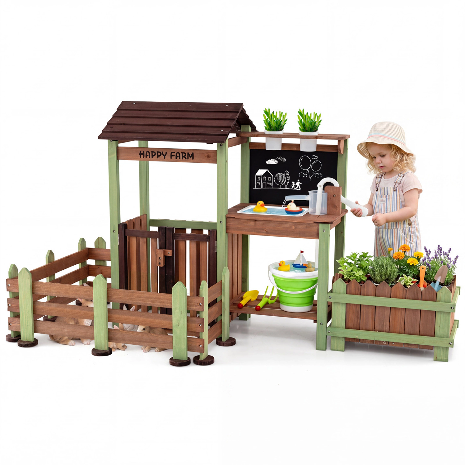 LJG Fir Wood Mud Farm Playset with Planter Box Lockable Yard and Faucet for 3+ Kids