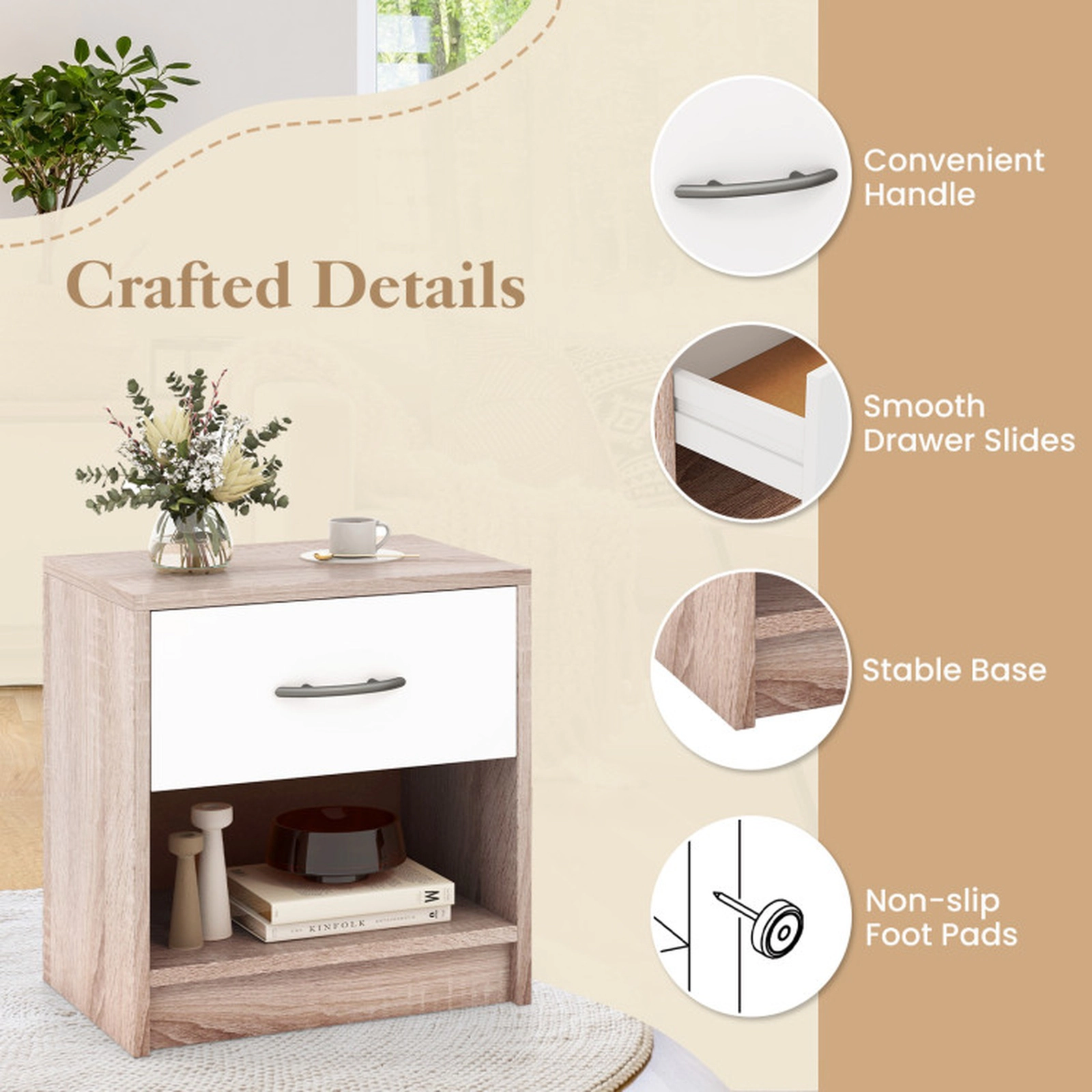SUGIFT Drawer and Open Storage Shelf Compact Bedside Table Nightstand