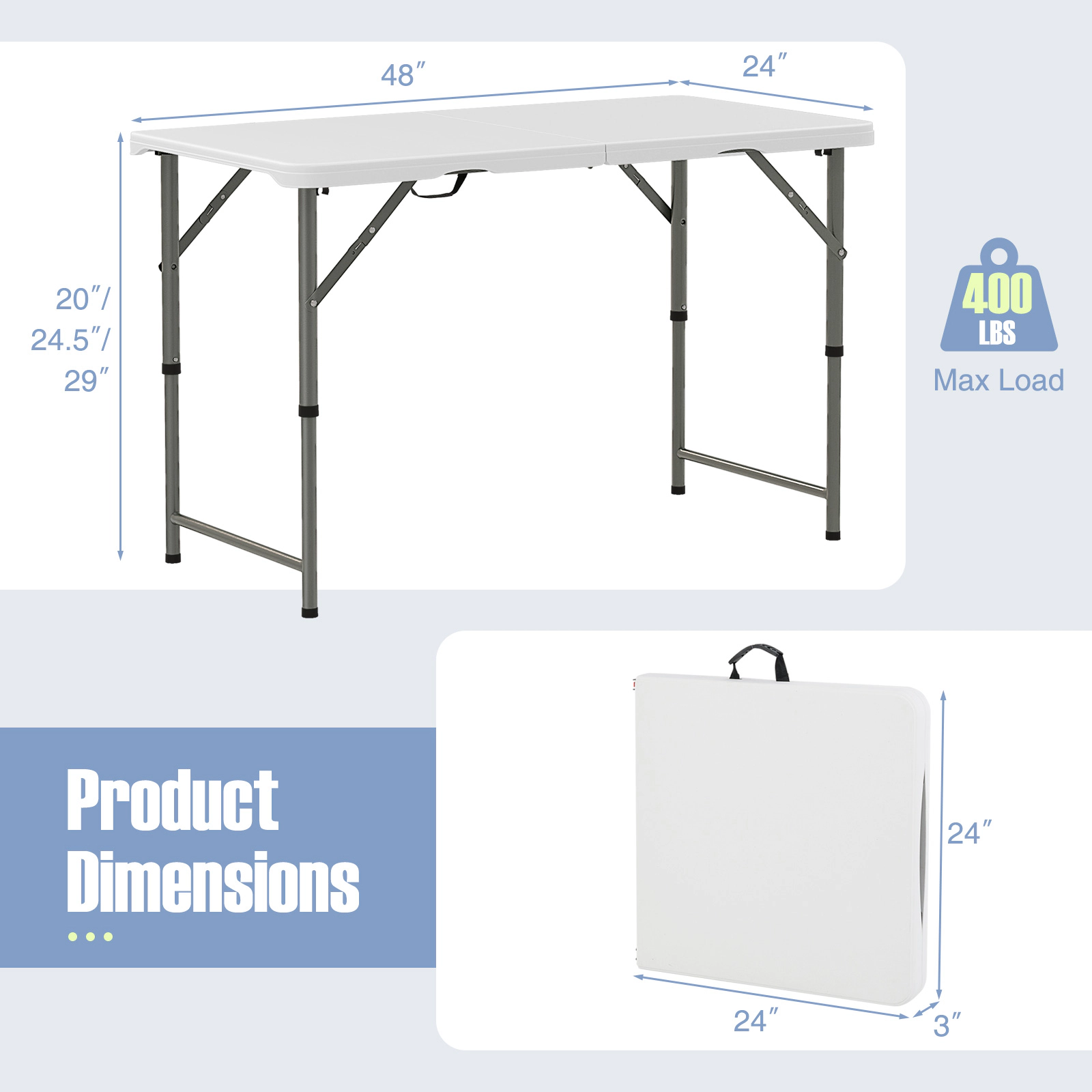 SUGIFT 4-Feet Adjustable Camping Table with HDPE Tabletop and Metal Legs 220-lb Capacity White 48 x 24-in Surface