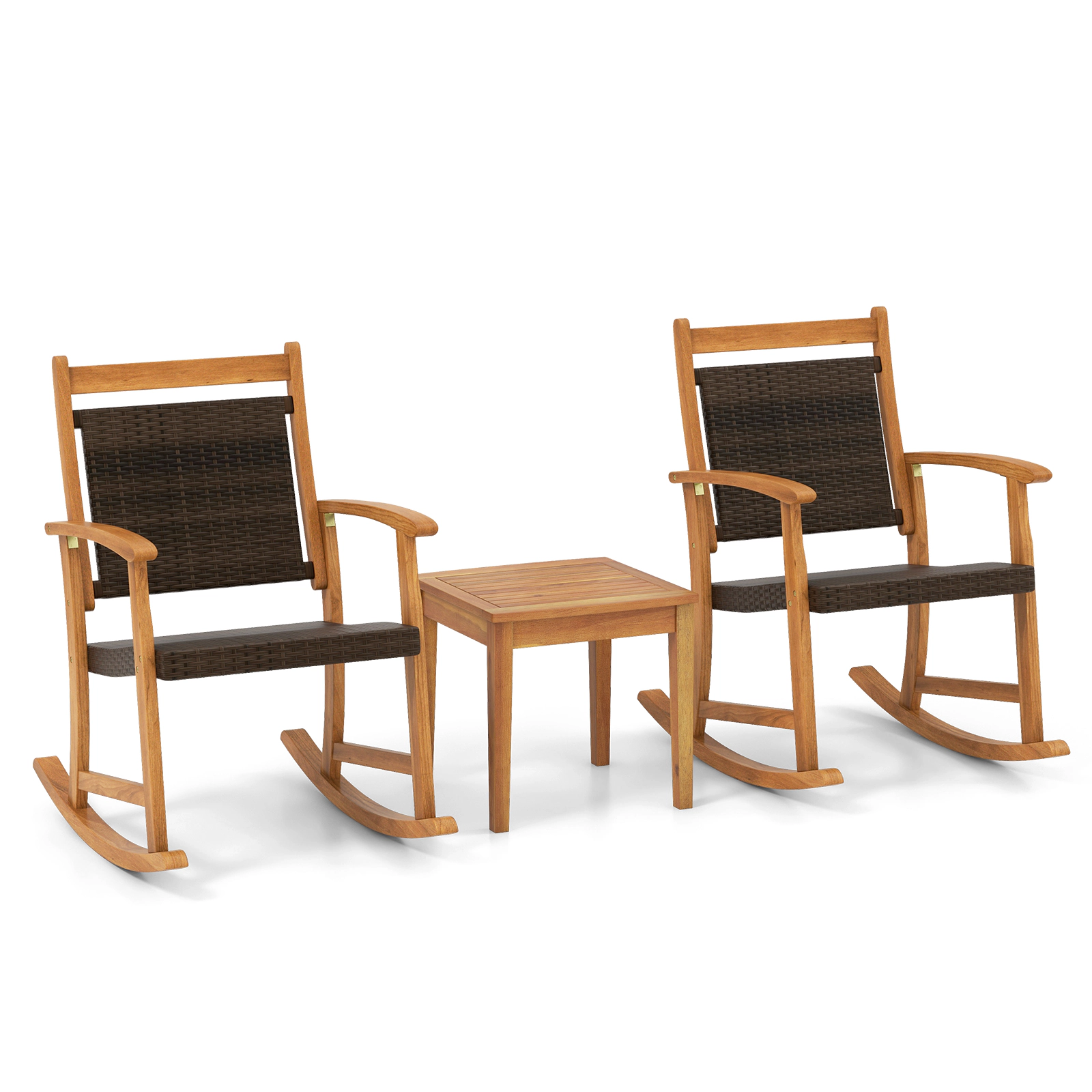 SUGIFT 3-Piece Acacia Wood Patio Rocking Chair Set, Reddish Brown