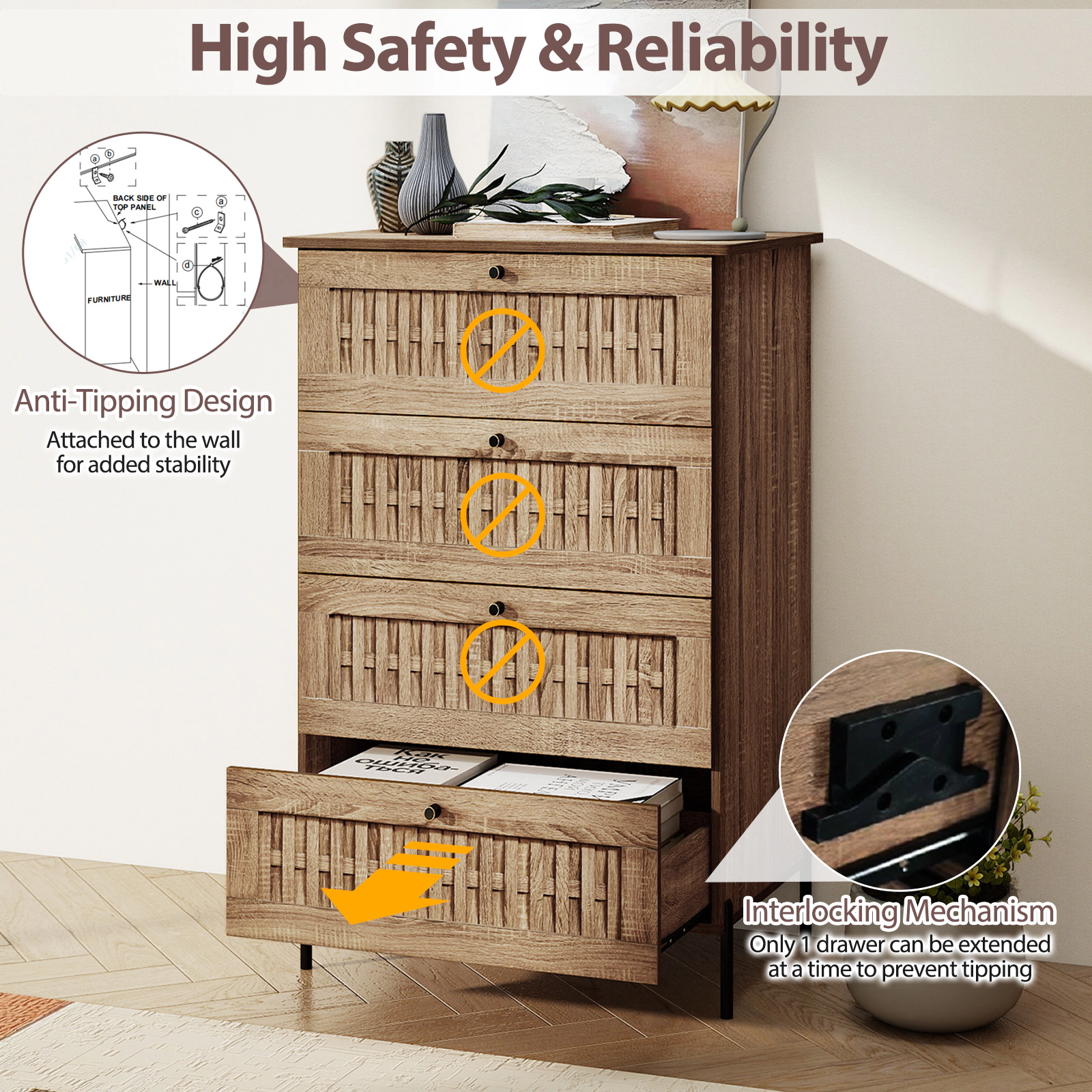 Glintex 4-Drawer Dresser with Rattan-Textured Fronts and Metal Legs, Caramel Oak + Black