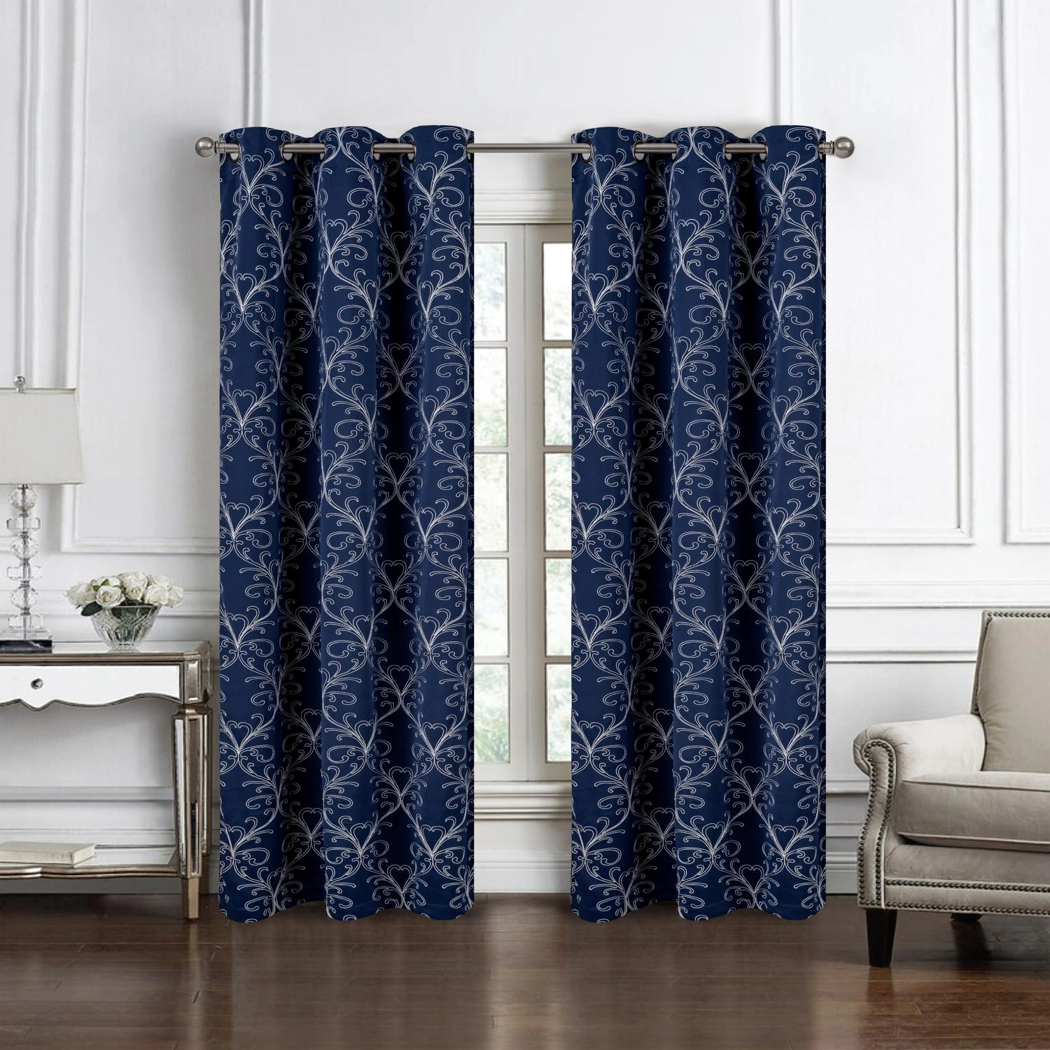 RT Designer Collection Kimber Embroidered Blackout Luxurious Decorative Grommet Curtain Panel 54" x 90" Navy