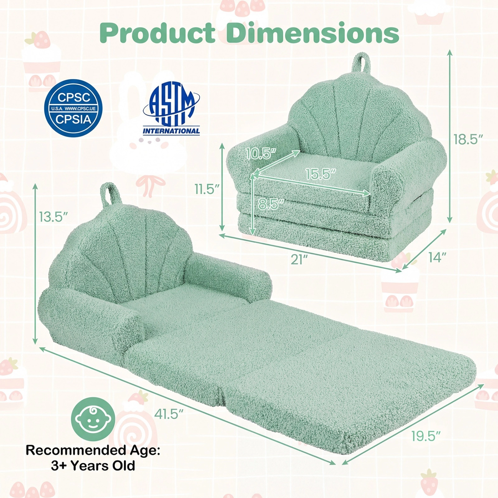 Convertible Kids Sofa 2-in-1 Fold Out Toddler Couch with Carry Handle Teddy Fleece Cover Anti-Slip Base Green