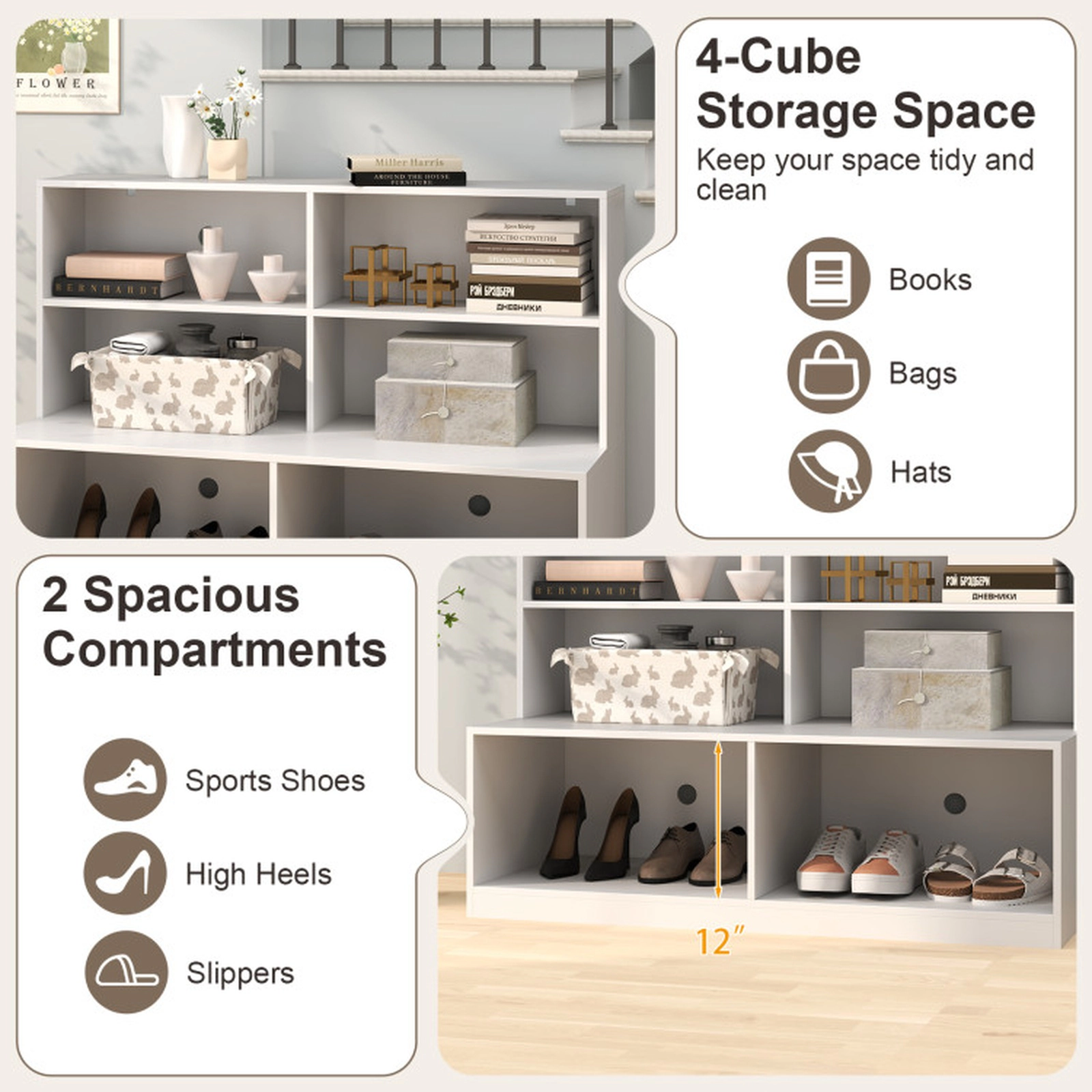 SUGIFT 47-in White Entryway Shoe Cabinet with Bench Seat 4-Cube Storage Shelf and Anti-Tipping Wall Kits