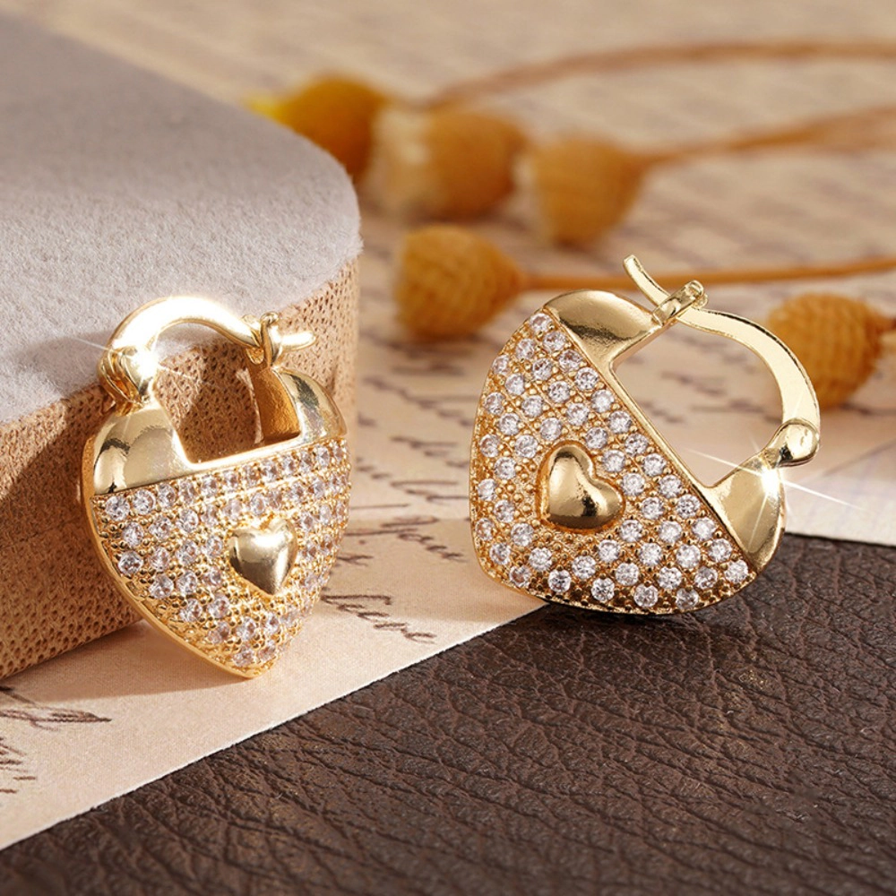 Wardrobe Whimsy Heart Lock Leverback Earrings Paved Cubic Zirconia Gold Tone Earrings for Women