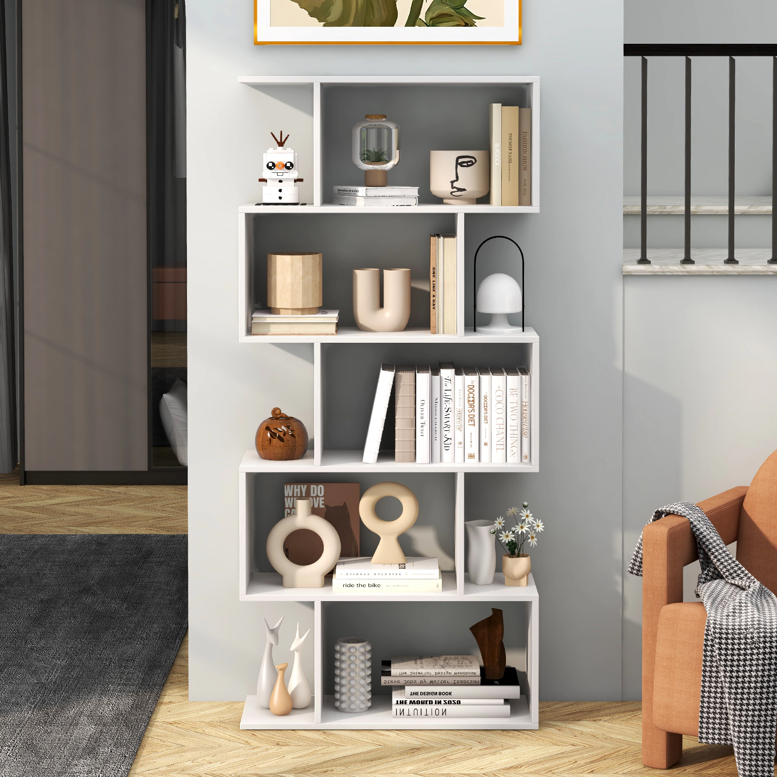 SUGIFT 5-Tier S Shaped Bookshelf Wide Base & Anti-Toppling Device 45-lb Shelf Capacity Rustic Brown for Living Room Home